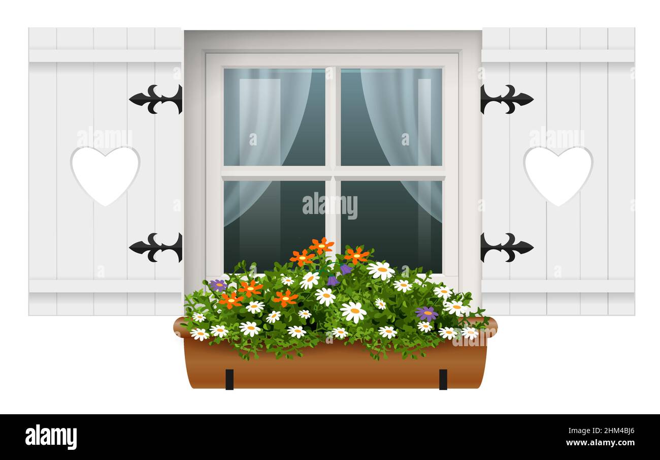 Klassisches europäisches Holzfenster mit Fensterläden und hängendem Blumengarten. Das alte Haus. Zimmer Stock Vektor