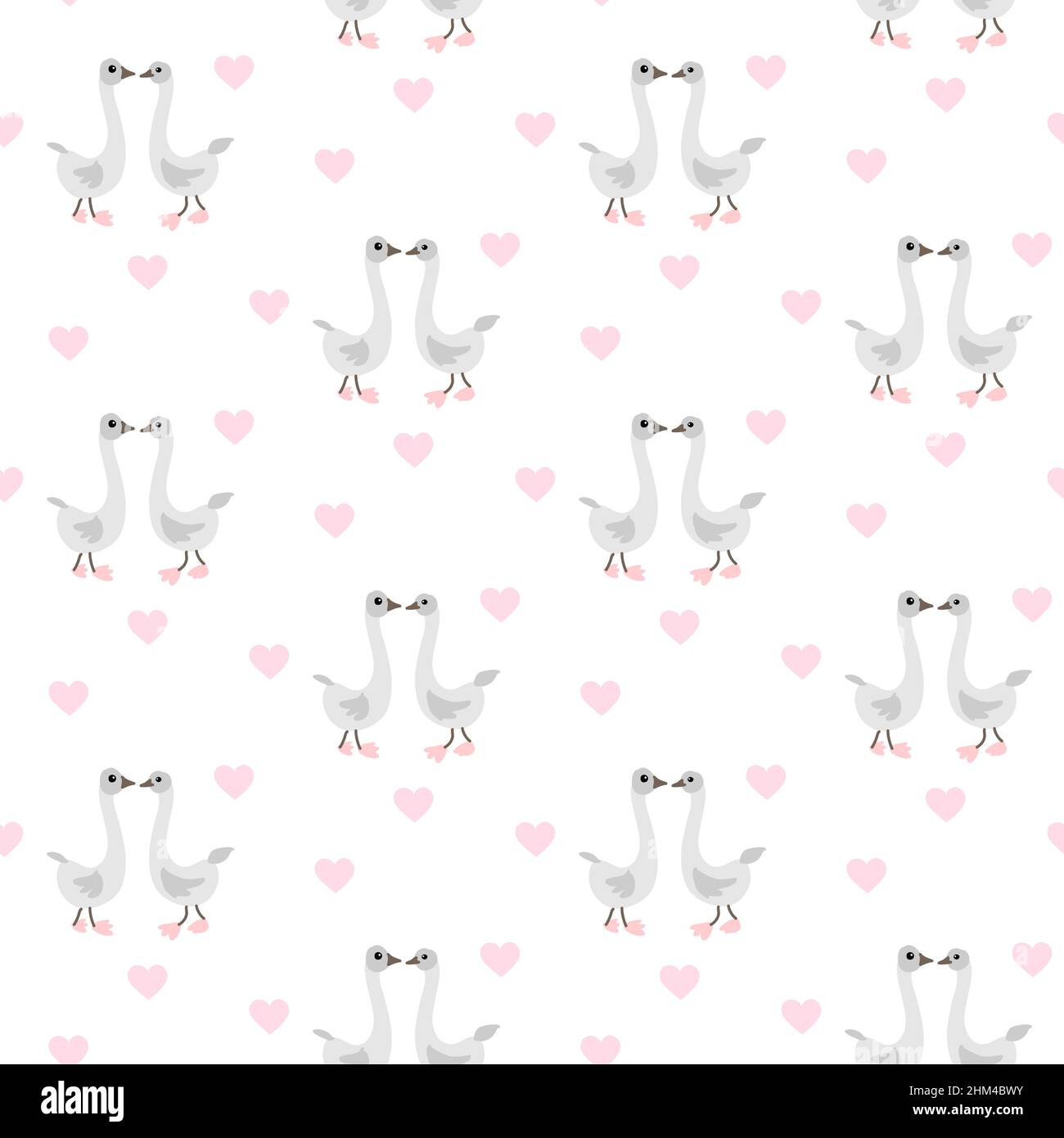 Graue Gänse und rosa Herzen auf weißem Hintergrund. Für Stoff, Babykleidung, Hintergrund, Textil, Geschenkpapier und andere Dekorationen. Vektor nahtlos Stock Vektor