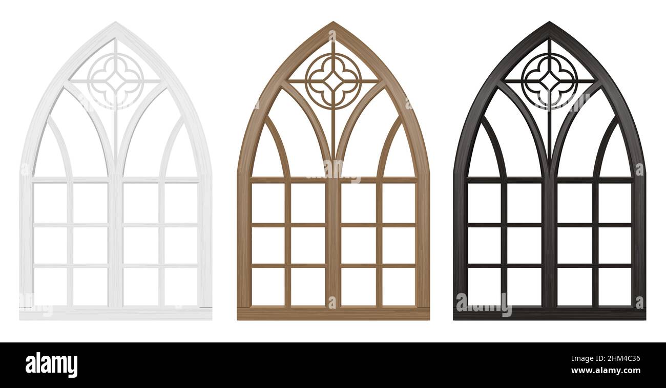Realistisches gotisches mittelalterliches Buntglasfenster und Steinbogen mit Schatten. Transparenter Schatten. Hintergrund oder Textur. Architektonisches Element Stock Vektor