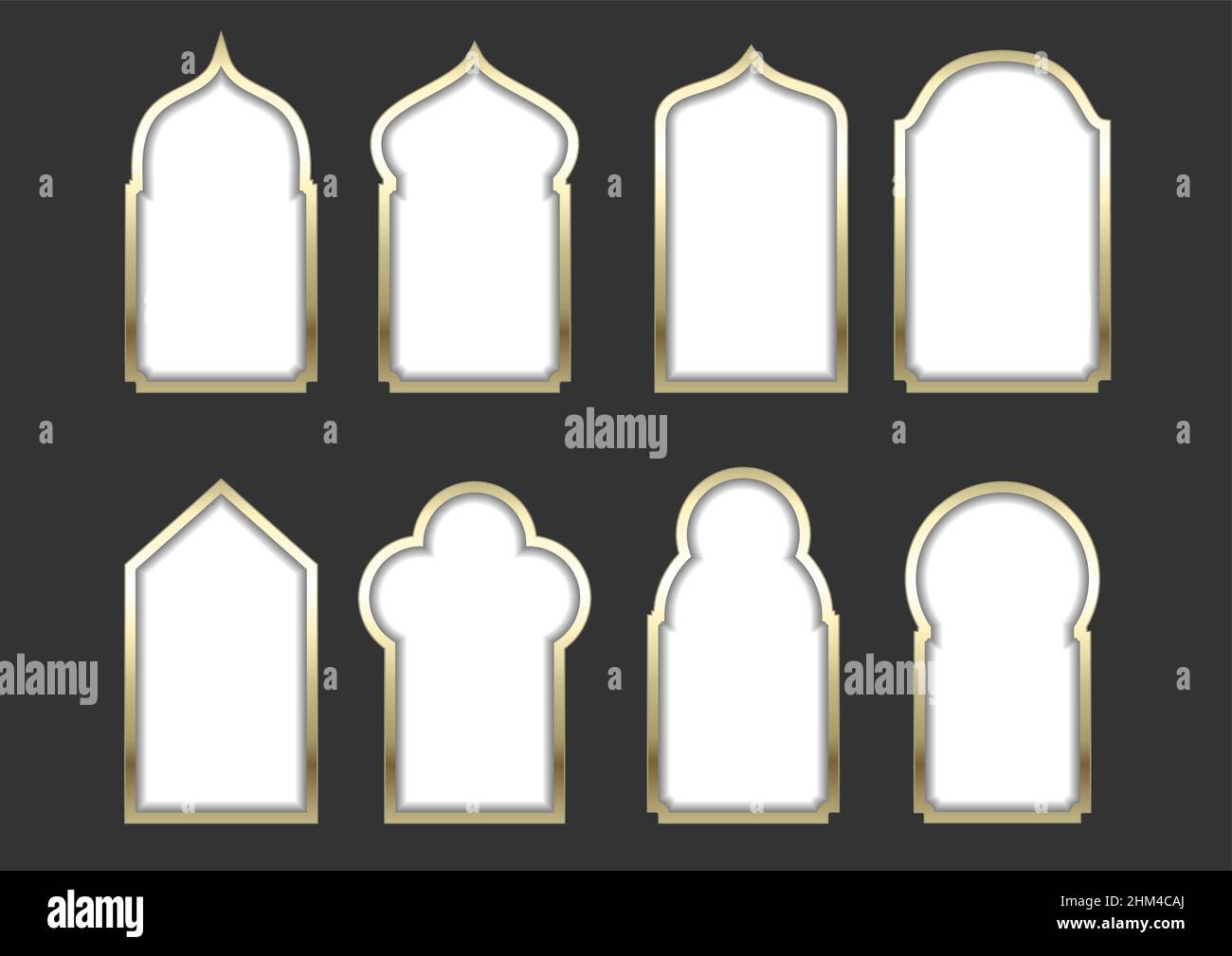 Set aus verschiedenen goldenen Bogenfenstern oder Türen im östlichen oder arabischen Stil. Vektorgrafiken für Postkarten und Icons, Cover. Hintergrund für die si Stock Vektor