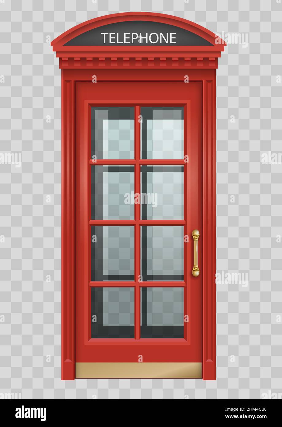 Rote klassische englische Telefonzelle. Street of London. Fassaden. Transparenzeffekt. Stock Vektor