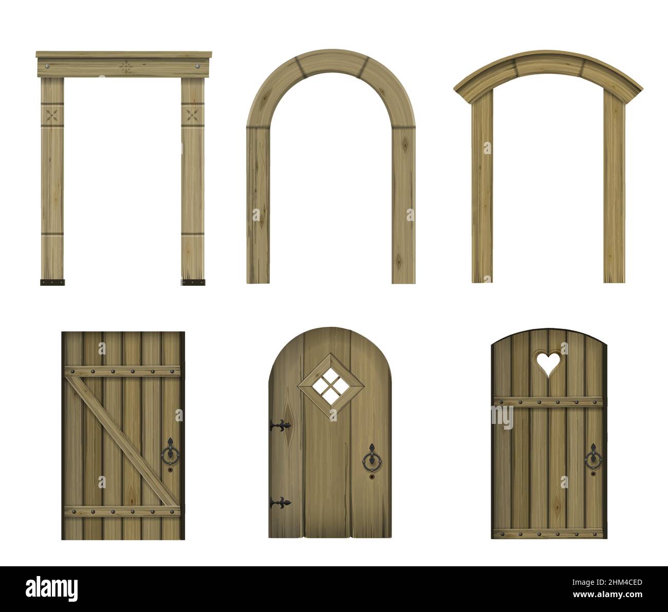 Satz von Texturen von hölzernen Vintage-Türen .Vektorgrafiken. Mittelalterliche Einstiege und Türen Stock Vektor