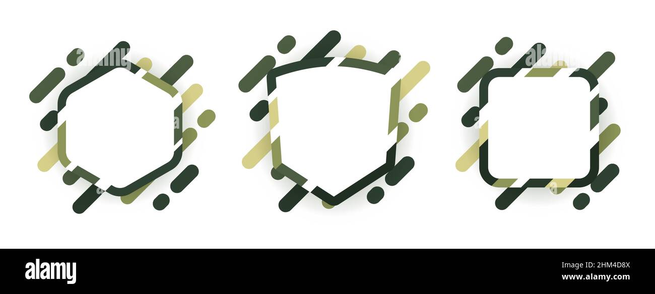 Abstrakte Tarnmuster-Textrahmen. Set von grafischen Elementen im militärischen Stil. Vorlage für Logo-Design, Visitenkarten, Einladungen, Geschenkkarten, Flyer Stock Vektor