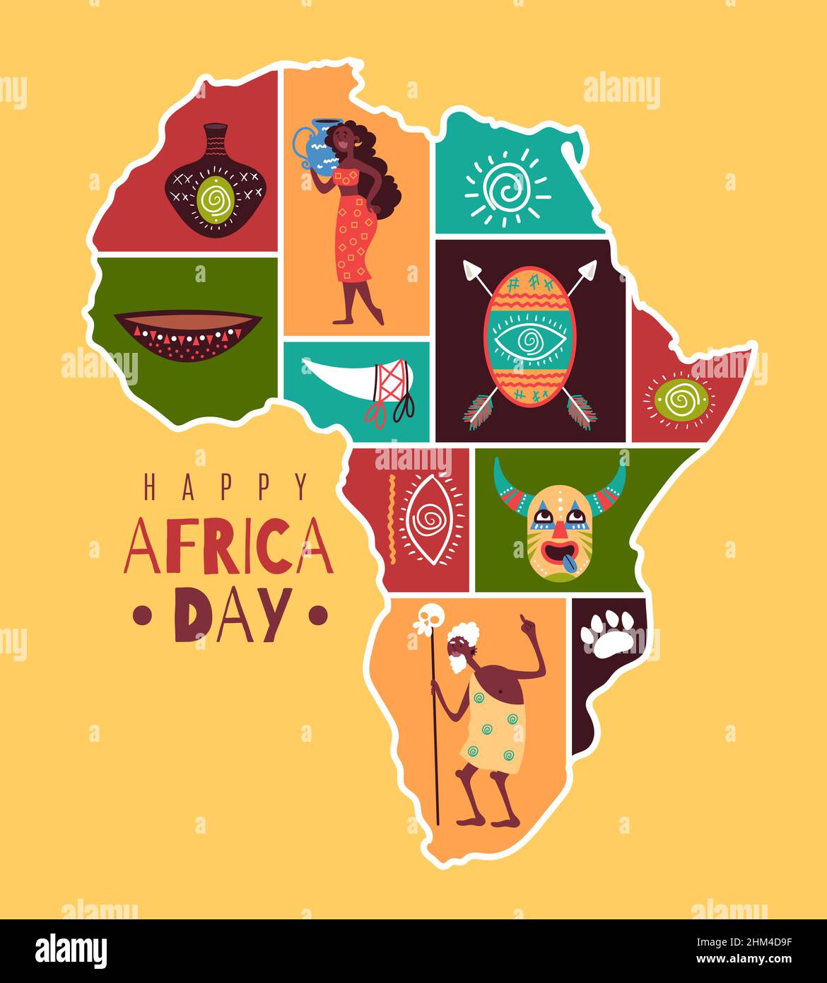 Karte des afrikanischen Stammes. Gerahmte Kulturfragmente, Happy Africa Day Poster oder Print, Kontinent Silhouette mit traditionellen Elementen, Menschen im nationalen Stock Vektor