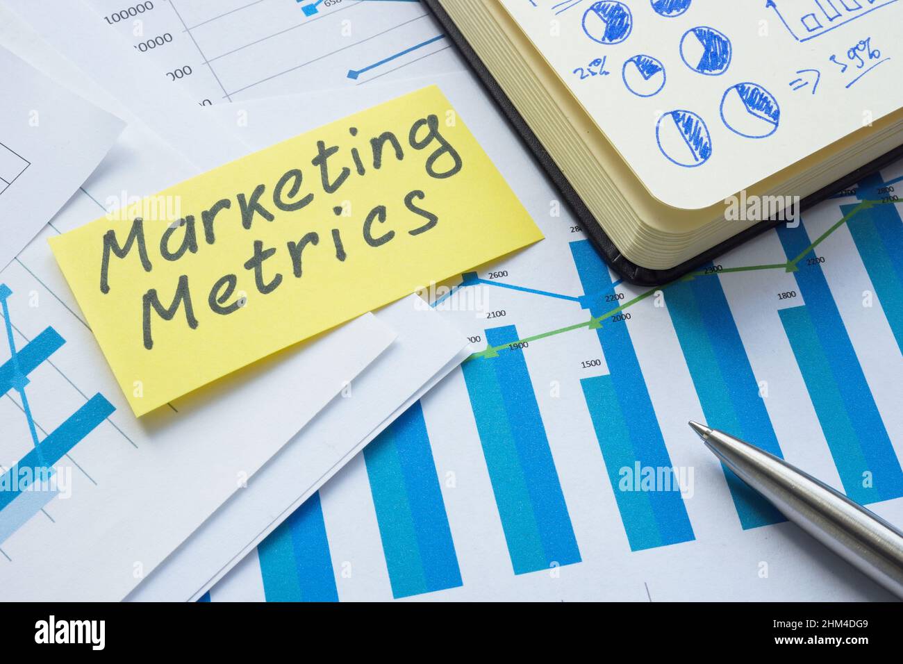 Stapel von Papieren mit Marketingkennzahlen für Aufkleber und Notizblock. Stockfoto