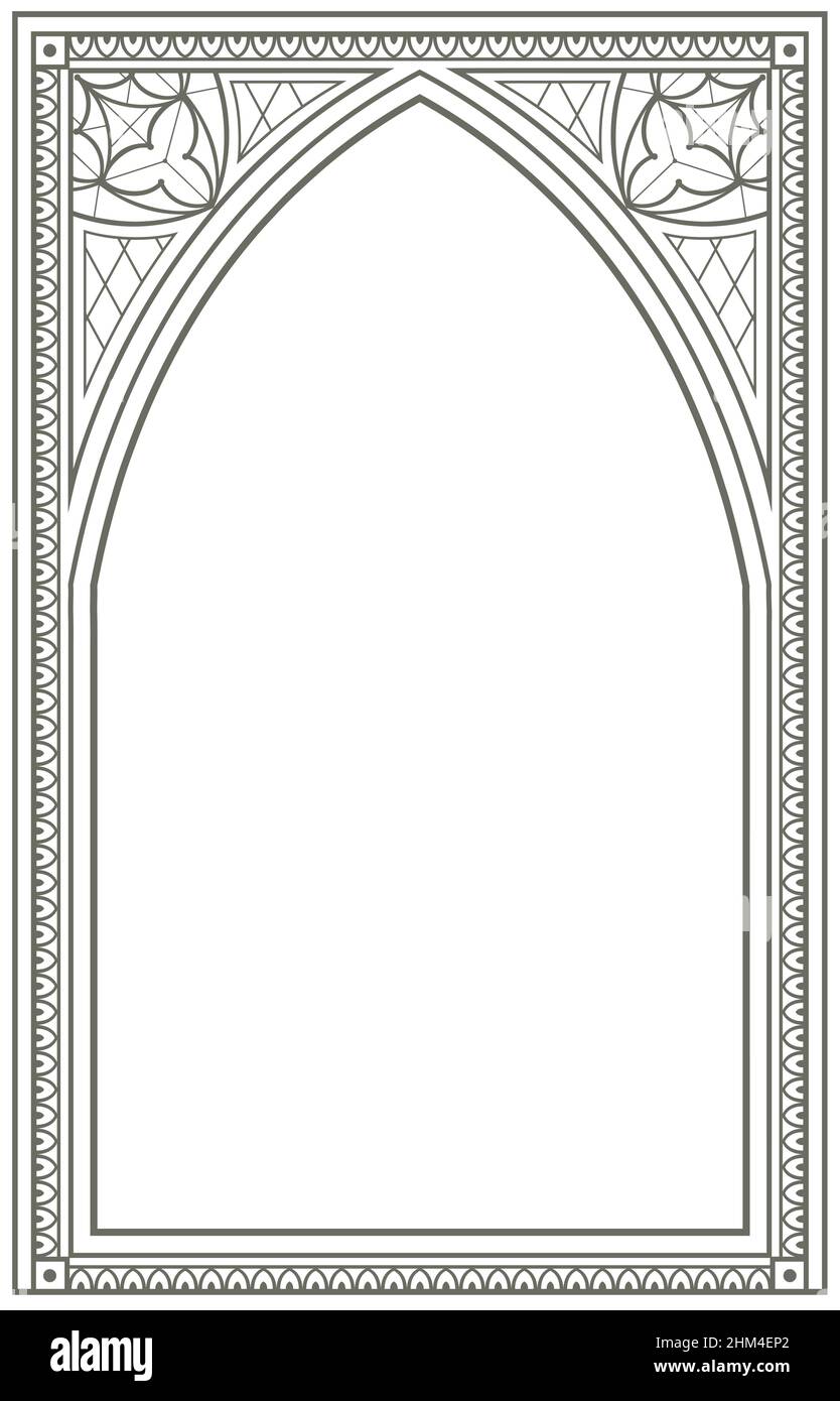 Vektorgrafiken. Vintage Gothic Hintergrund mit Bogen Kontur Zeichnung. Fenster oder Tor Stock Vektor