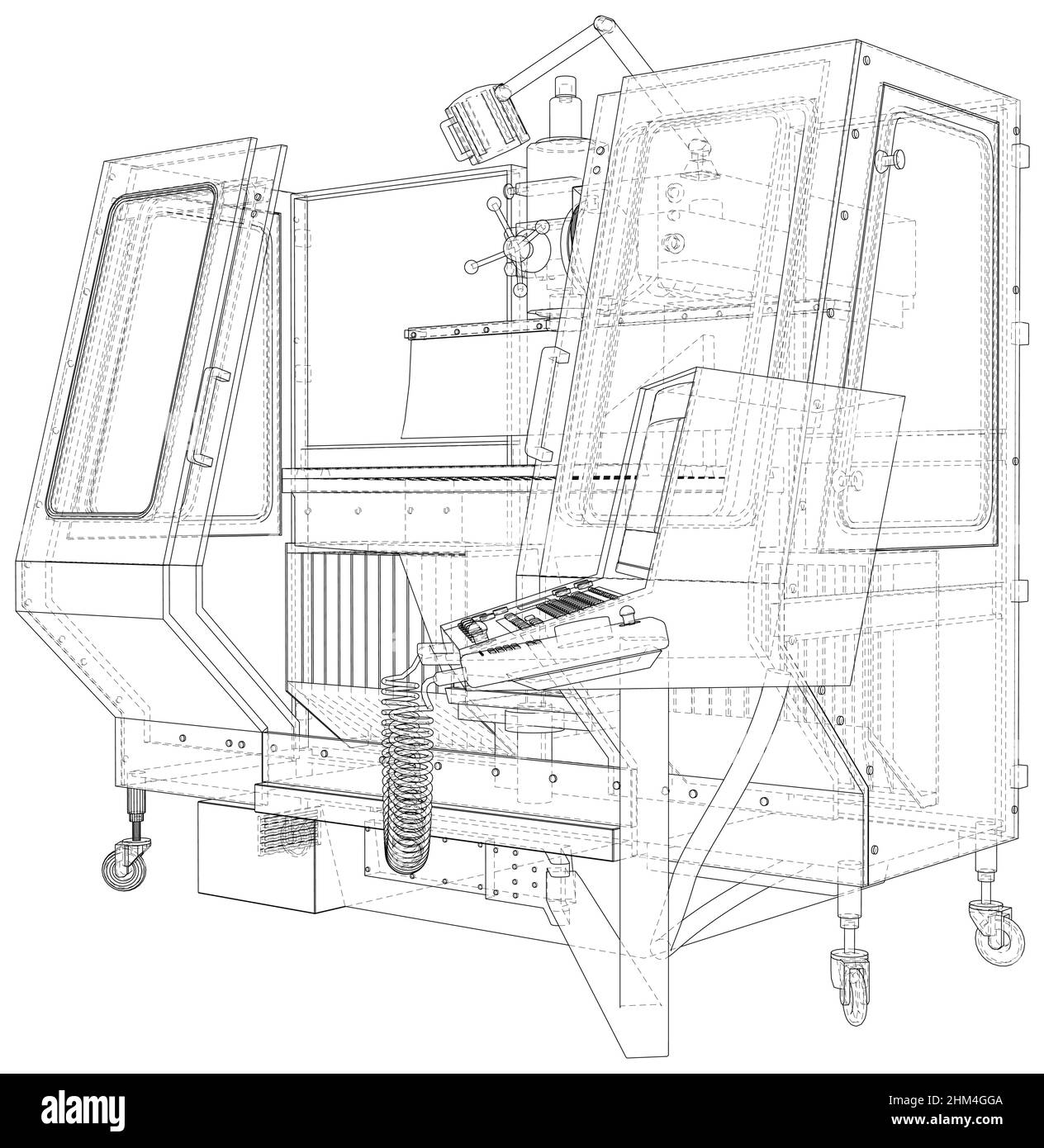 Fräsmaschine. Geschlossene CNC-Maschine zum Fräsen von Metallteilen Stock Vektor