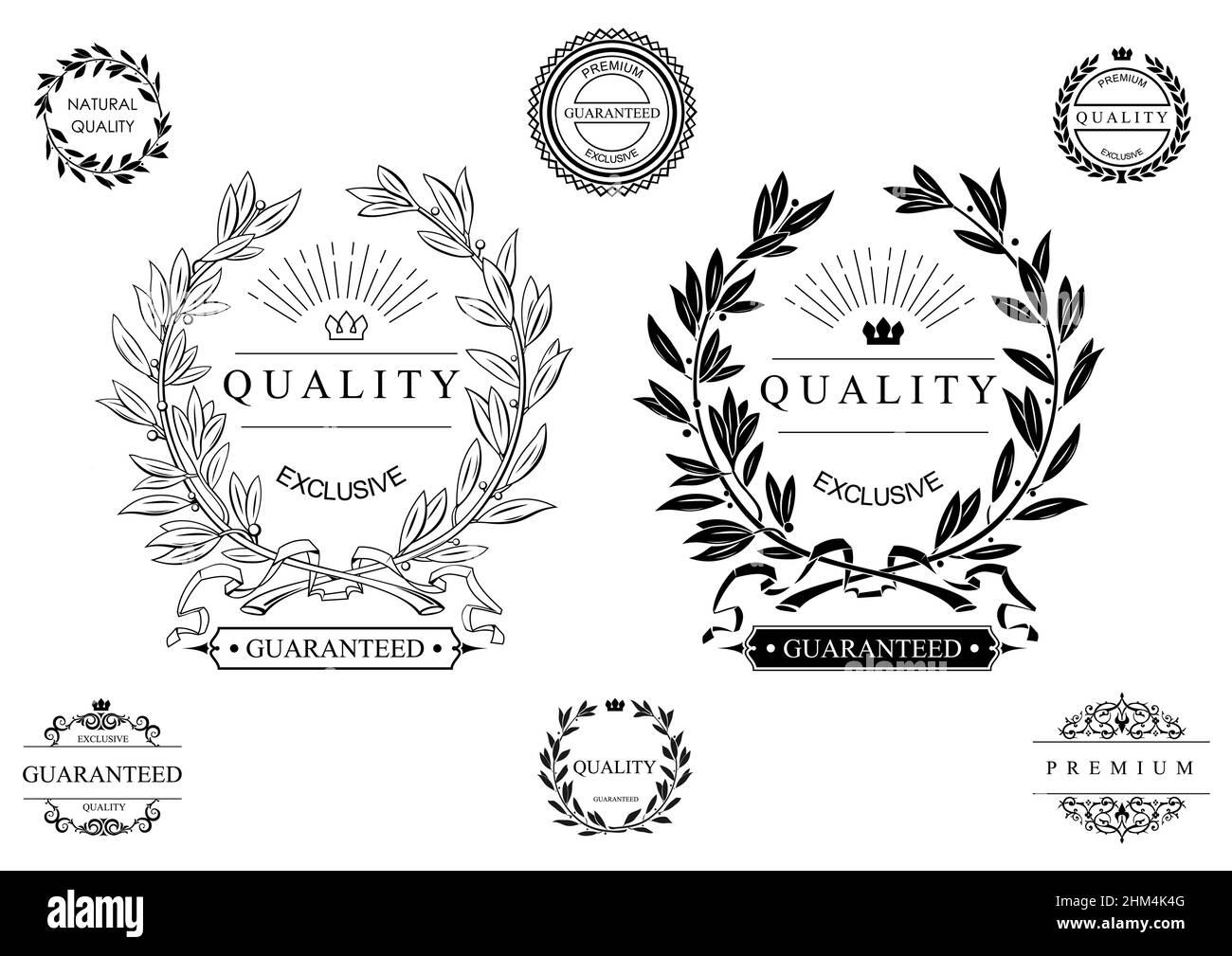 Set aus klassischen Siegeln, Emblemen und Kränzen mit einer runden Komposition. Zeichen und Symbole von Qualitätszertifikaten. Vektorgrafiken Stock Vektor