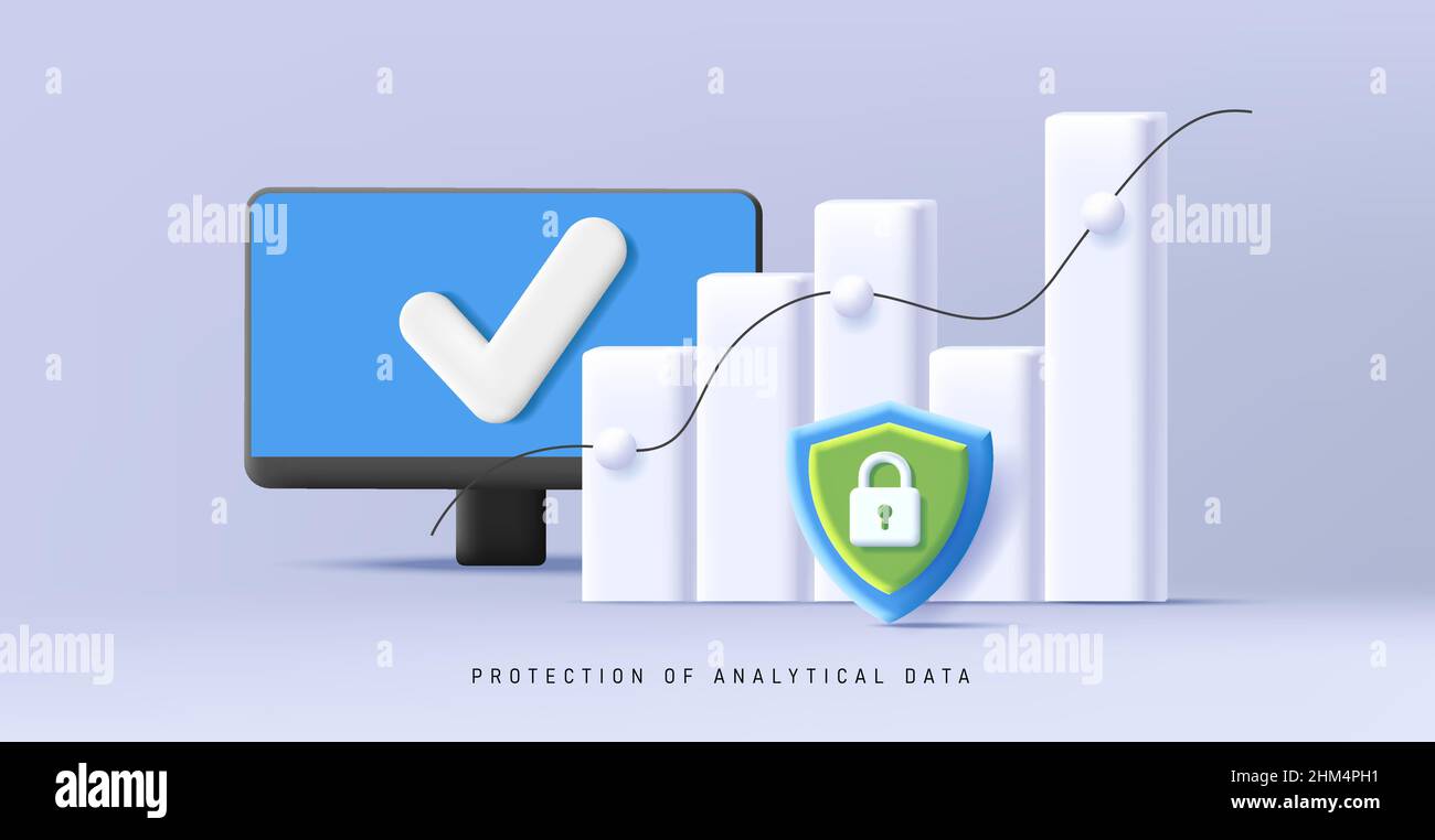 3D Komposition mit Desktop-Computer und weißem Balkendiagramm mit Sicherheitssymbol, Geschäftsgrafiken Stock Vektor