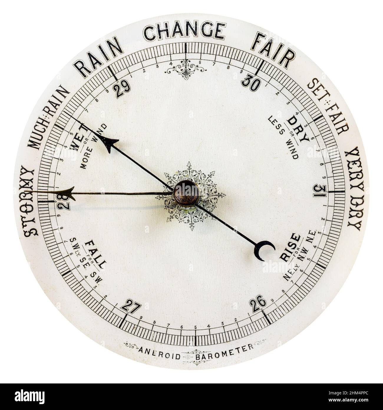 Vintage verwittertes Barometer auf weißem Hintergrund isoliert Stockfoto