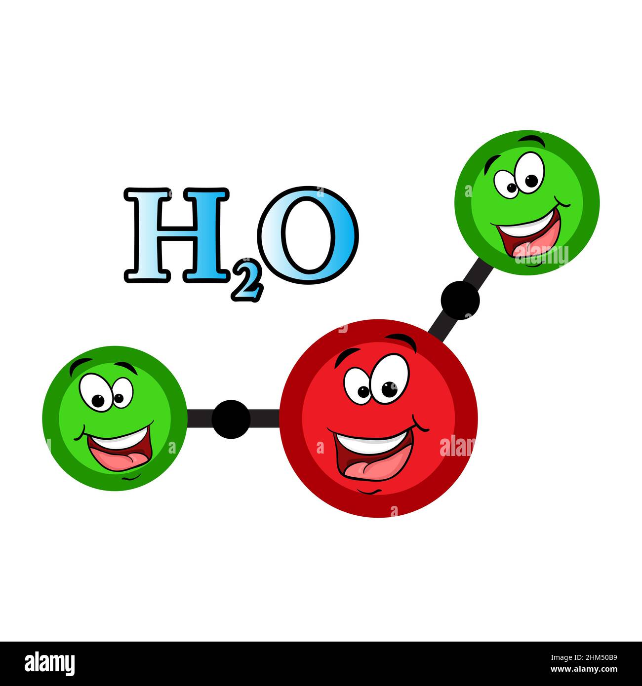 struktur des Wassermoleküls mit H2O Zeichen. Flüssige Aqua-Atom-Formel mit Augen und Lächeln. Vektordarstellung auf weißem Hintergrund isoliert. Stock Vektor