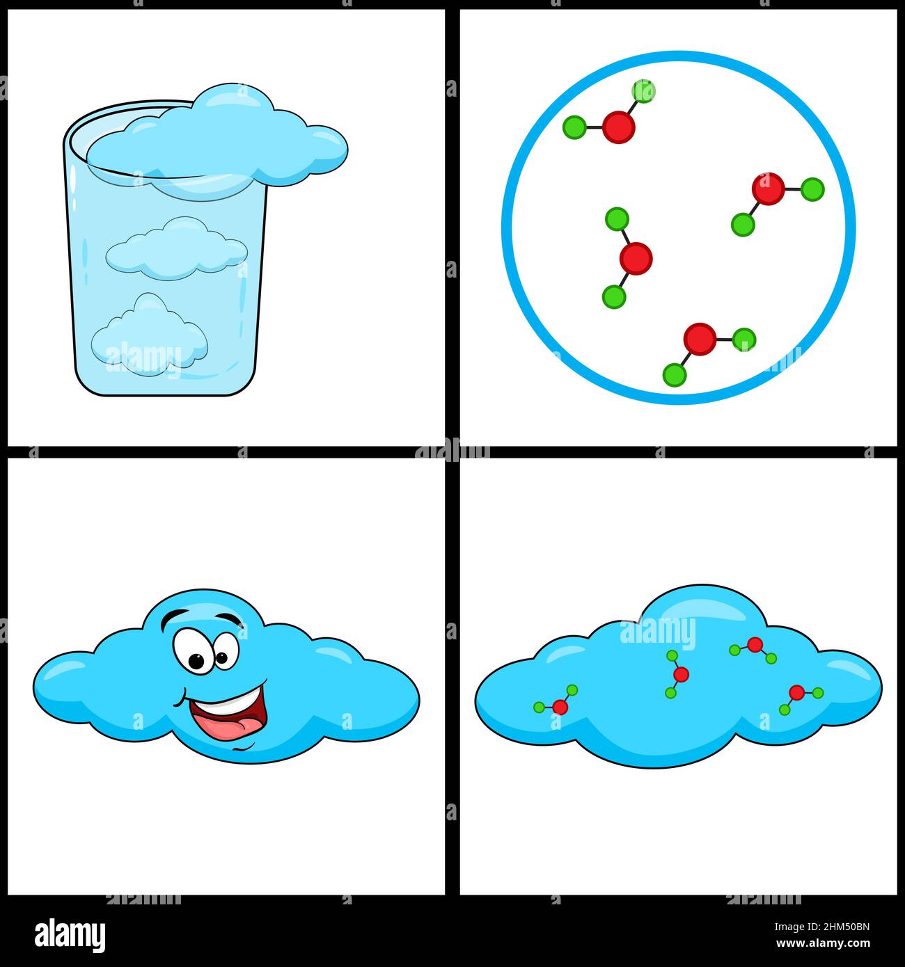 Zustand der Materie - Gas. Wolke, H2O Molekül und Dampf. Vektordarstellung auf weißem Hintergrund isoliert. Stock Vektor