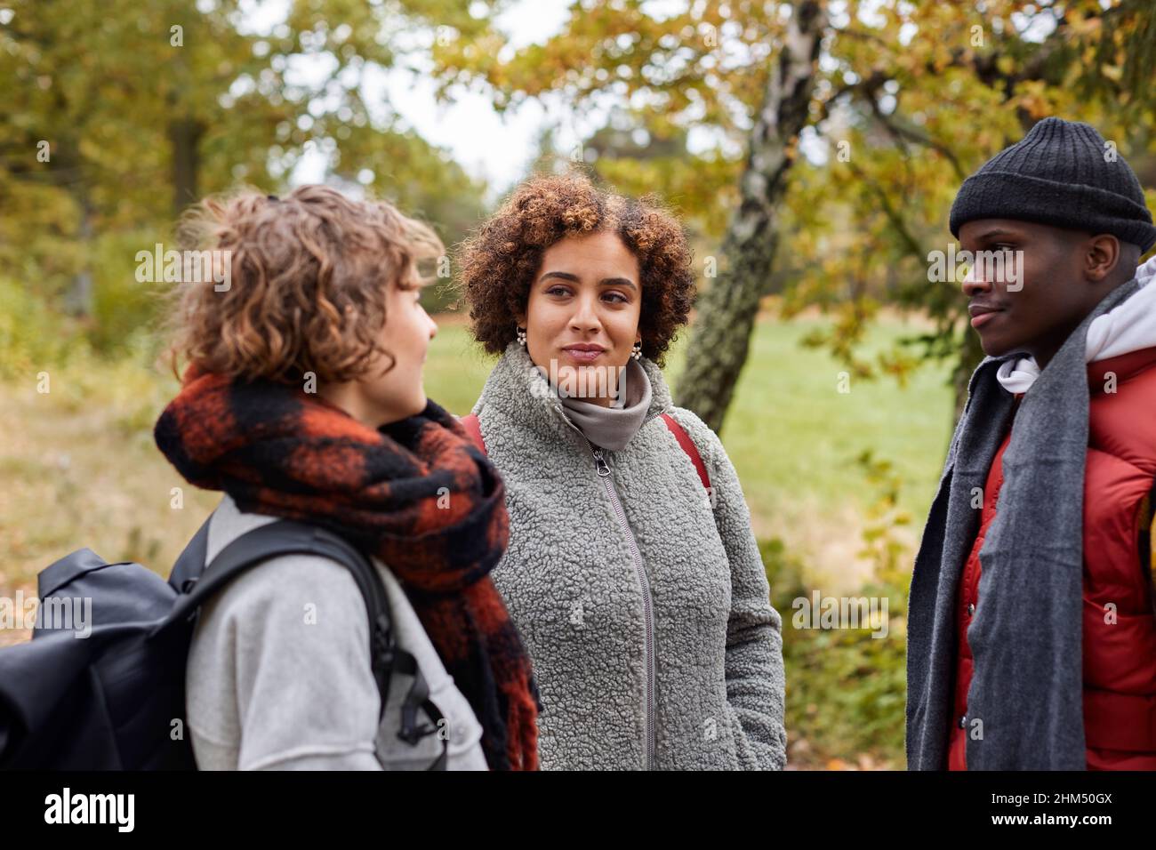 Eine Gruppe von Freunden, die auf dem Herbstspaziergang reden Stockfoto