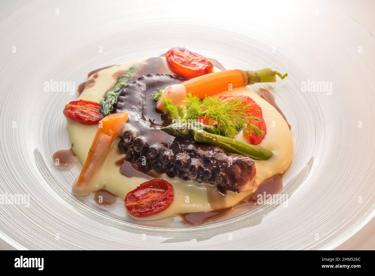 Kraken-Tentakel, in Rotwein auf Kartoffelpüree mit Spargel, Karotte, Fenchel und Tomate geschmort. Nahaufnahme in Glasplatte Stockfoto