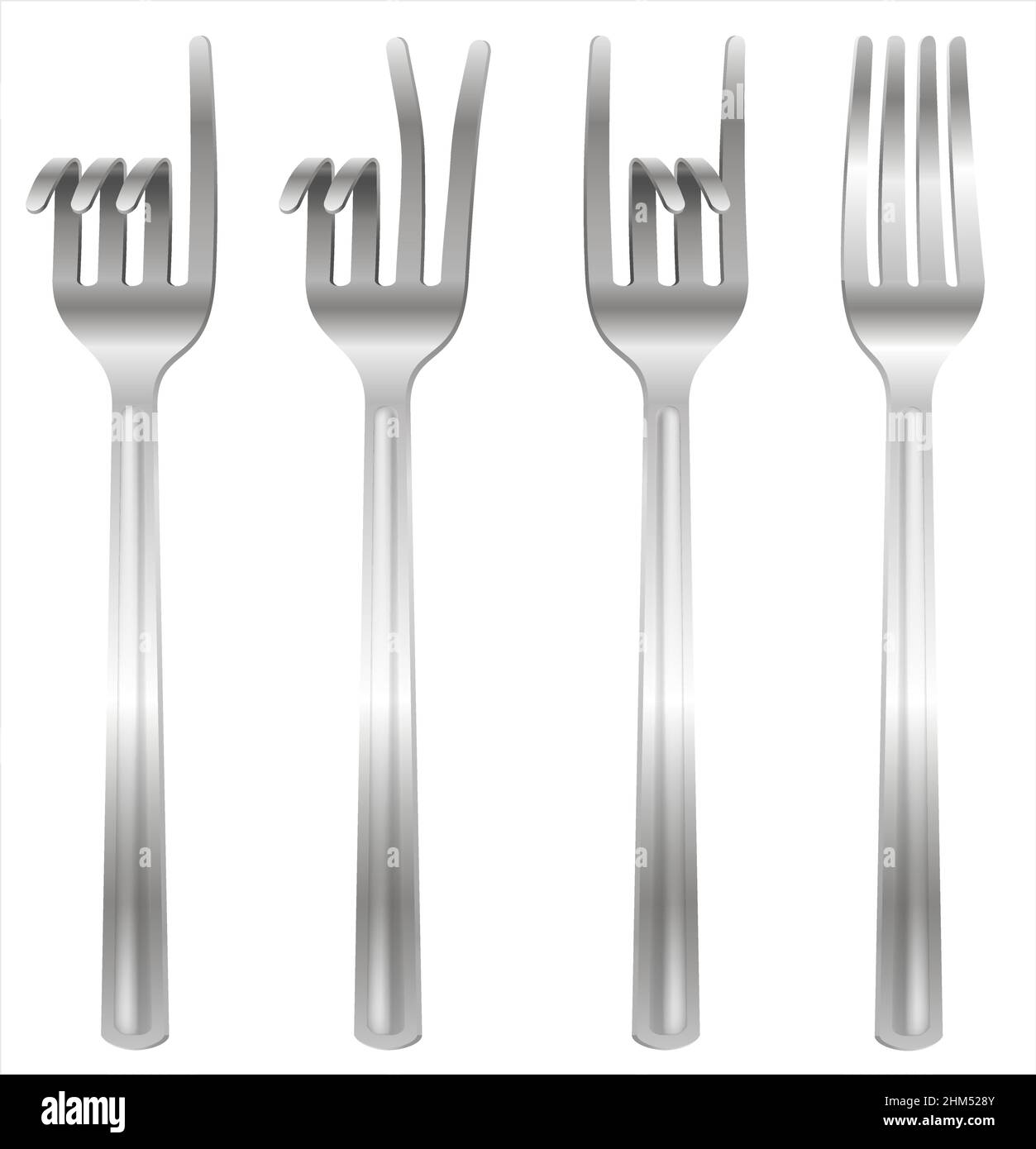 Satz von Metallgabeln gebogen in Form von Gesten. Konzept zu einem Thema der Mahlzeit Stock Vektor