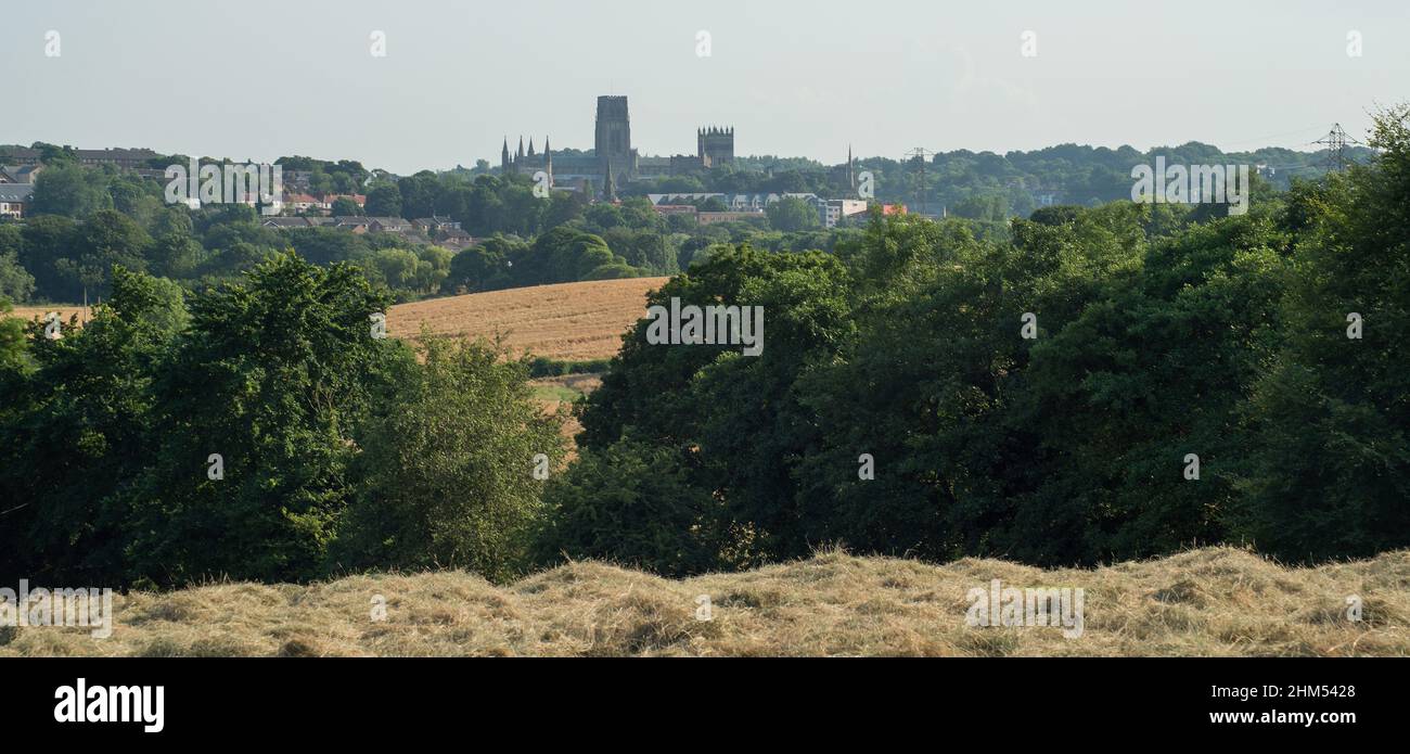 Blick auf die Kathedrale von Durham über offene Felder, die für die Ernte bereit sind, vom Pilgerweg von Camino Ingles nach Santiago Stockfoto
