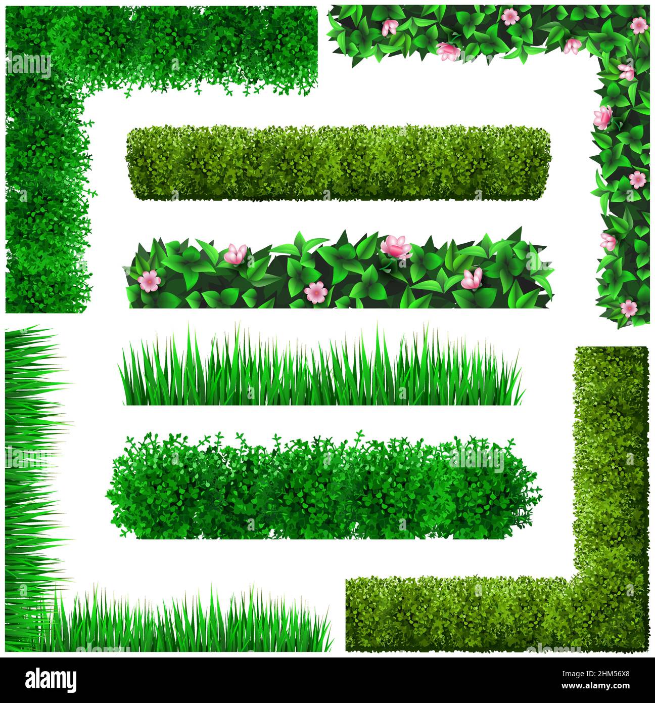 Vektorvorlagen. Set von grünen Blumenrahmen und Ecken. Von den Blättern. Ecken von Blättern und Gras. Grüner Heckenstrauch Stock Vektor