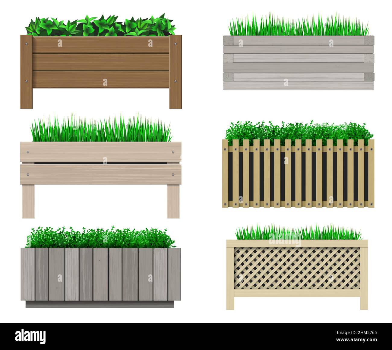 Vektorgrafiken. Ein Satz Holztöpfe für Pflanzen. Gras und Blumen Stock Vektor