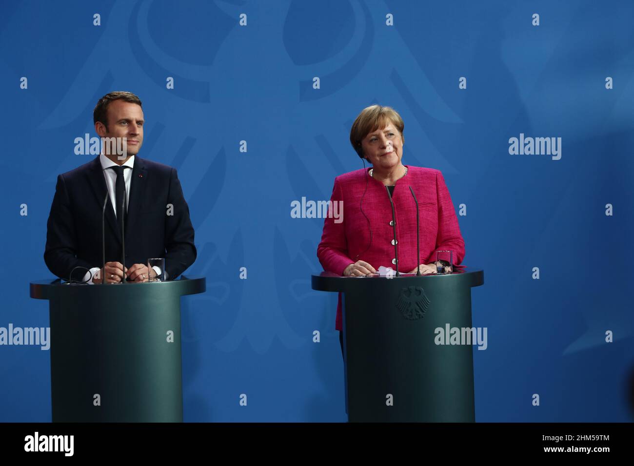Berlin, Deutschland, 15,5.17, der französische Präsident Emmanuel Macron und die deutsche Bundeskanzlerin Angela Merkel besuchen den Staatsbesuch des französischen Präsidenten Emmanuel Macron Stockfoto