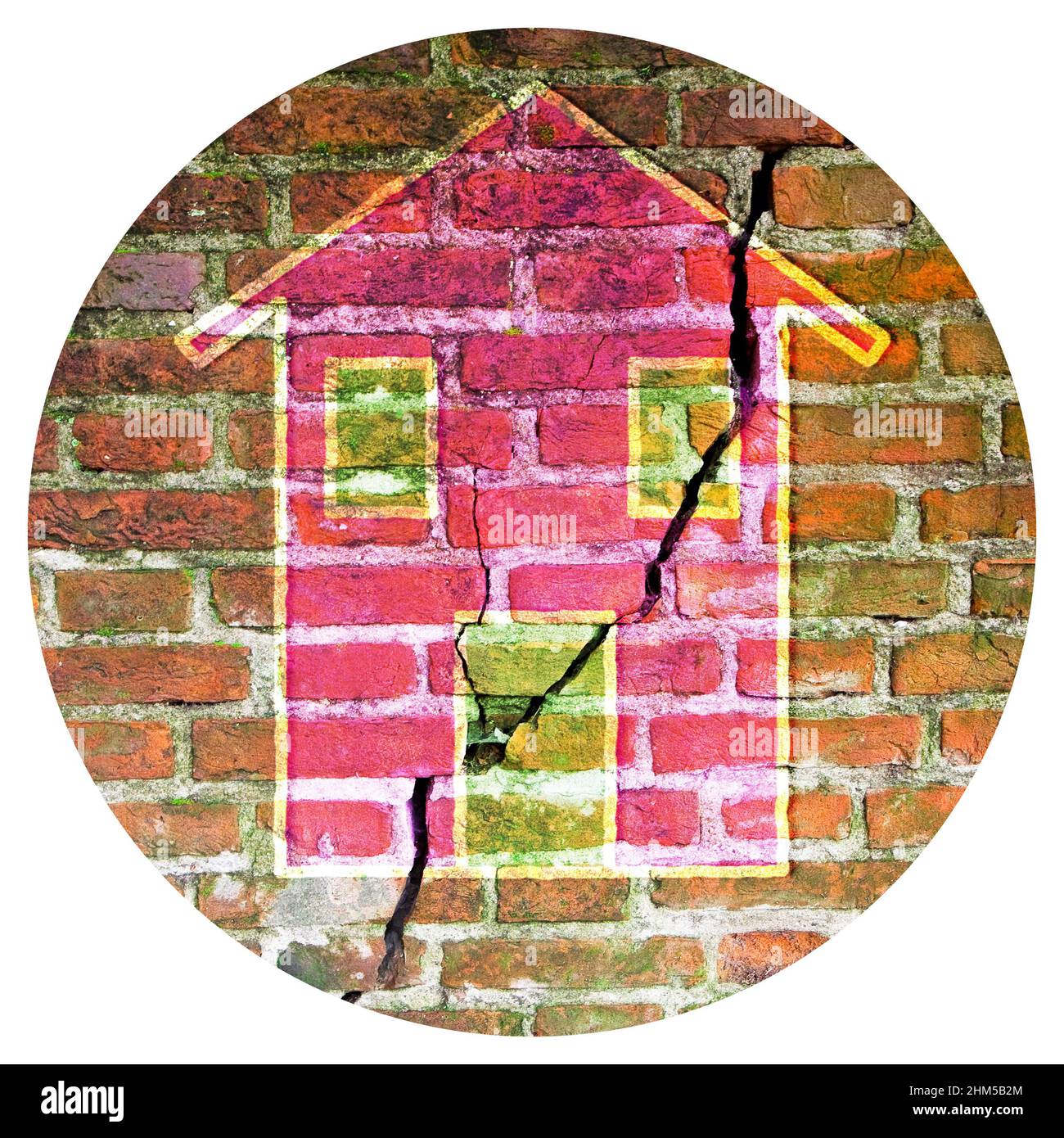 Rissige alte und alte Ziegelmauer mit einem farbigen Haus darauf gezeichnet - Round Icon Konzeptbild - Fotografie im Kreis Stockfoto