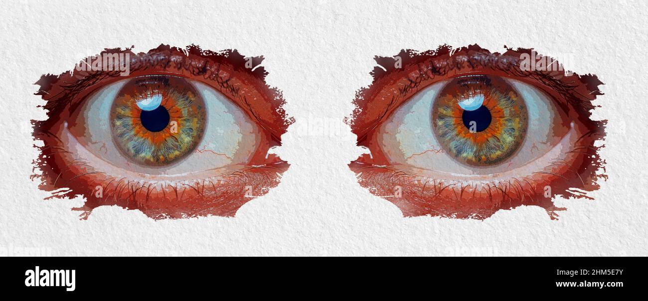 Gemälde eines schönen männlichen Augen. Nahaufnahme der blaubraunen Augen mit Kapillaren. Kunst der menschlichen Augen auf weißem Papier Textur. Stockfoto