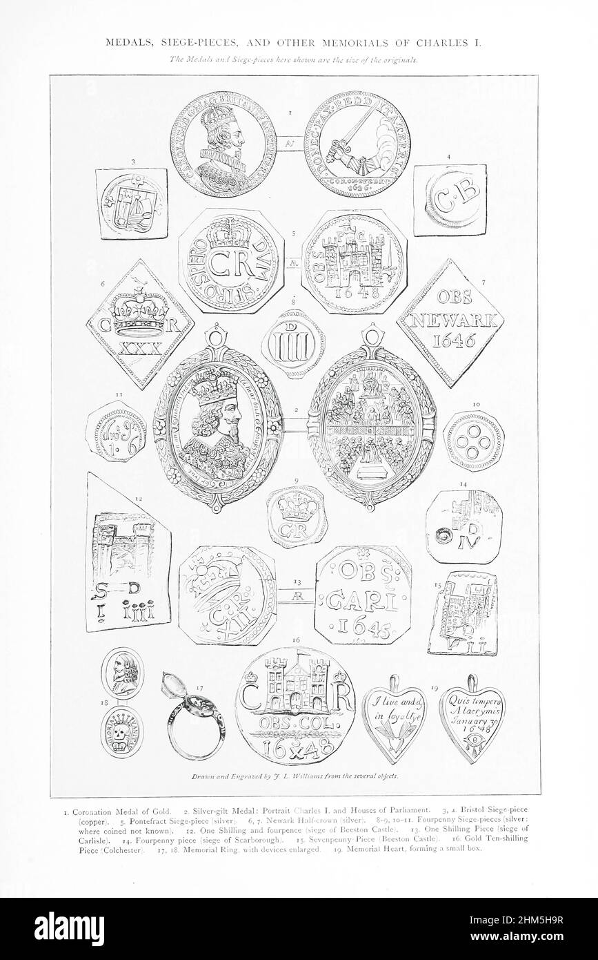 MEDAILLEN, BELAGERUNGSSTÜCKE, ANDERE GEDENKSTÄTTEN VON KARL 1. Die abgebildete Arc-sisc der Originale. 1417 1313 16 und! (Acrymis gezeichnet und gestochen von 7. L. mehrere Objekte. 3, ein Bristol Belagerungsstück 2. Vergoldete Medaille: Portrait Charles I. und Houses of Parliament. 1. Krönungsmedaille aus Gold. 8 – 9, 10 – 11. Fourpenny Belagerungsstücke (Silber: 6, 7. Newark Halbkrone (Silber). 5. Pontefract-Belagerungsstück (Silber). (Kupfer). 13. Ein Schilling-Stück (Belagerungszustand von 12. Ein Schilling und vierer (siccme of Bceston Castle). Wo geprägt nicht bekannt). 16. Zehnshilling Gold 15. Sevenpenny Piece (Beeston Castle), 14. Vierpennigstück Stockfoto