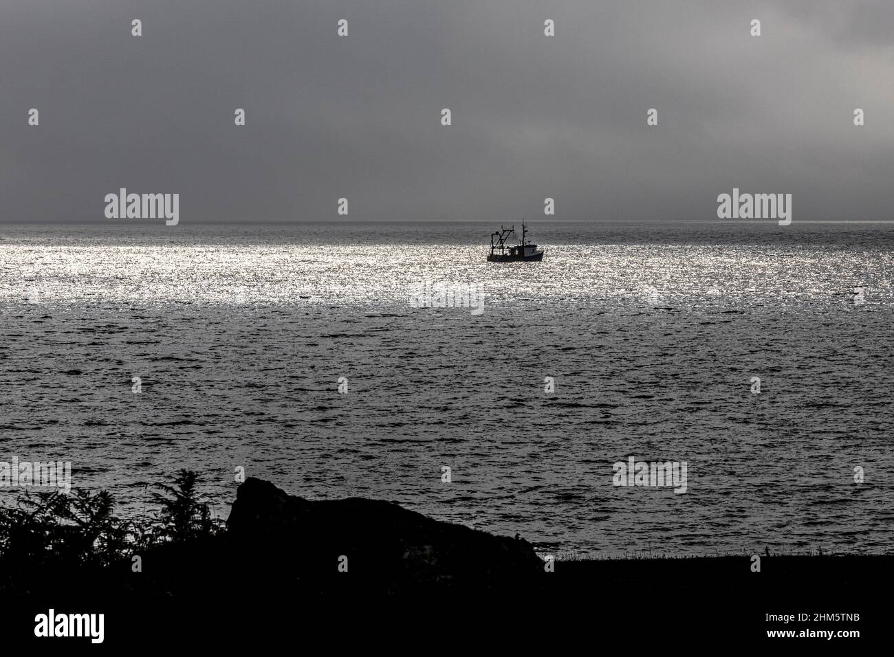 Ein Küstenfischerboot, das an einem bewölkten Tag in der Ardnoquer Bay auf der Kintyre Peninsula, Argyll & Bute, Schottland, in einem Fleck Sonnenlicht gefangen wurde Stockfoto