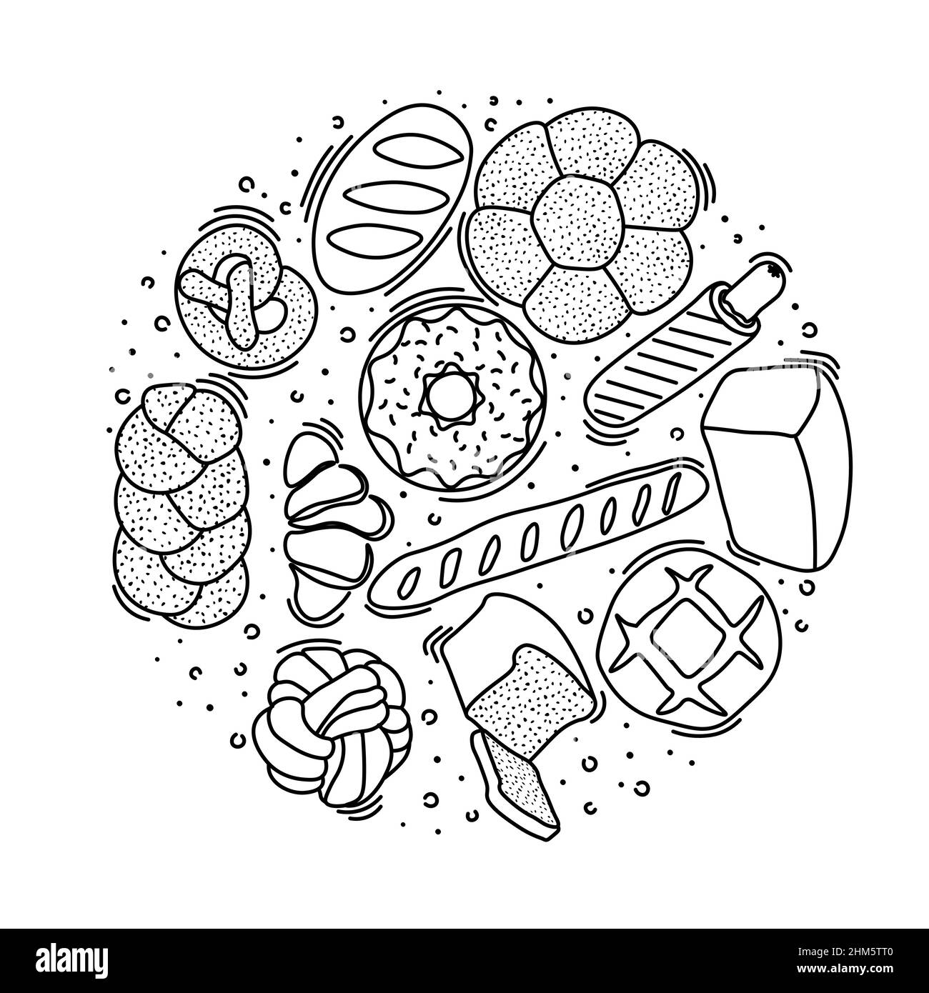 Trendiges Vektor-Design für Bäckerei oder Cafe.Illustrationen von Brötchen, Brot, Baguette und anderen Backwaren für Verpackungen, Etiketten oder Signage.Line Art Stock Vektor