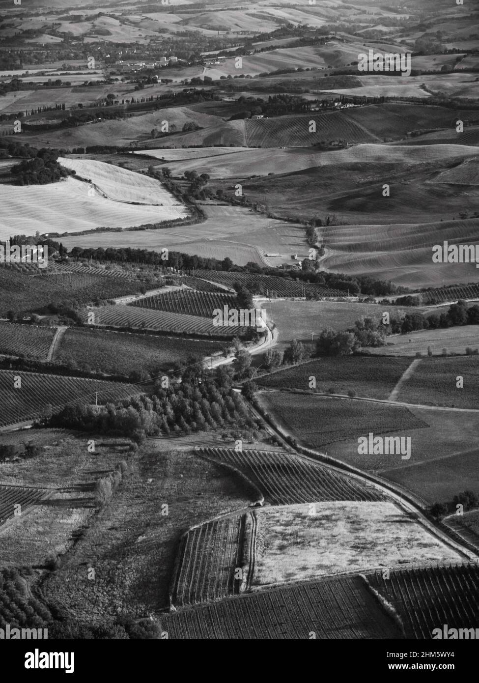 Crete Senesi trockene toskanische Landschaft im Sommer in der Nähe von Montalcino, Toskana, Italien in Schwarz und Weiß Stockfoto