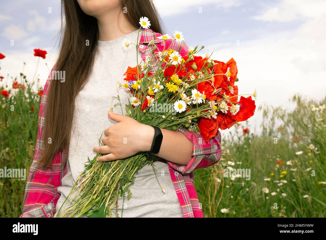 Das Mädchen steht vor dem Hintergrund wilder Blumen und hält einen Strauß Mohnblumen und Gänseblümchen in den Händen. Ein Mädchen auf dem Feld sammelte einen Strauß wilder Blumen. Stockfoto