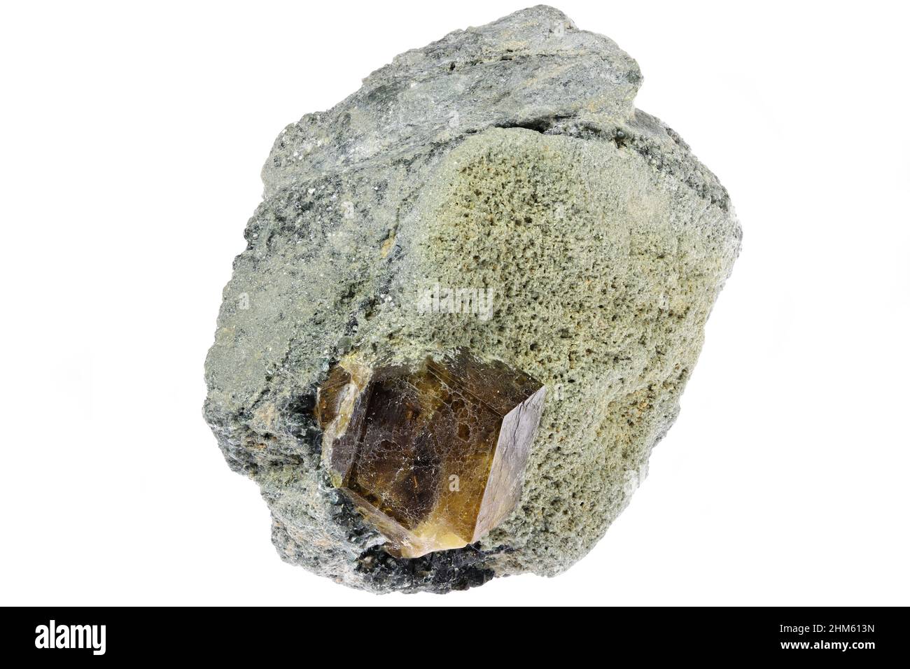 Topazolit aus der Yellow Cat Mine, Kalifornien, isoliert auf weißem Hintergrund Stockfoto