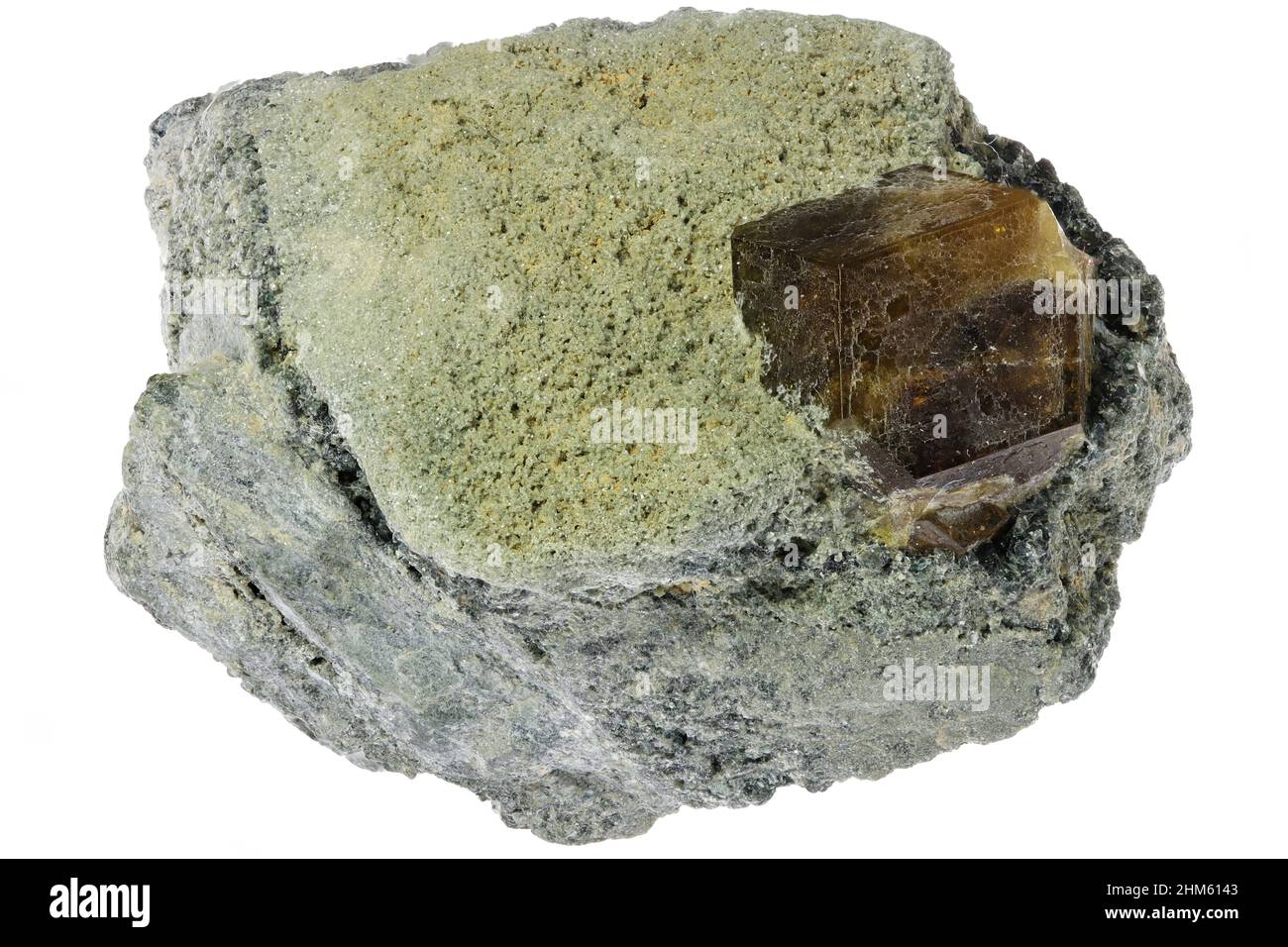 Topazolit aus der Yellow Cat Mine, Kalifornien, isoliert auf weißem Hintergrund Stockfoto