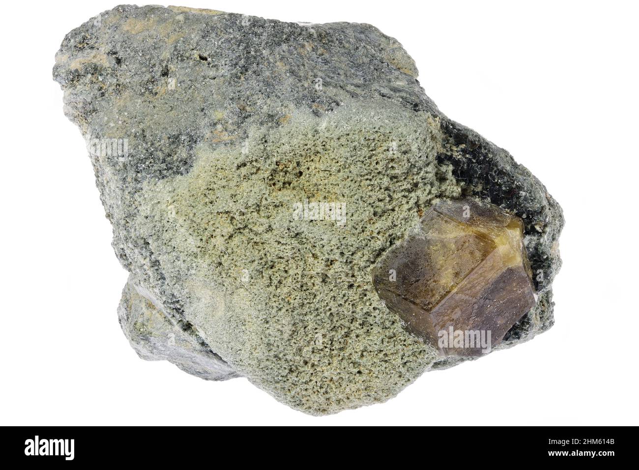 Topazolit aus der Yellow Cat Mine, Kalifornien, isoliert auf weißem Hintergrund Stockfoto