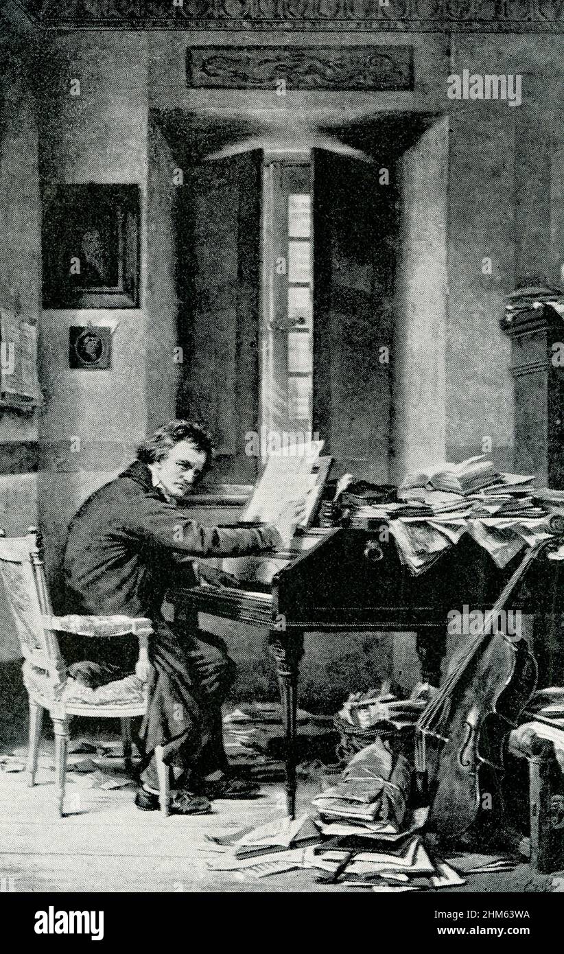 Ludwig van Beethoven (gestorben 1827) war ein deutscher Komponist und Pianist. Beethoven ist nach wie vor einer der meistbewunderten Komponisten in der Geschichte der westlichen Musik; seine Werke gehören zu den meistaufgeführten Werken des klassischen Musikrepertoires und erstrecken sich über den Übergang von der Klassik zur Romantik in der klassischen Musik Stockfoto
