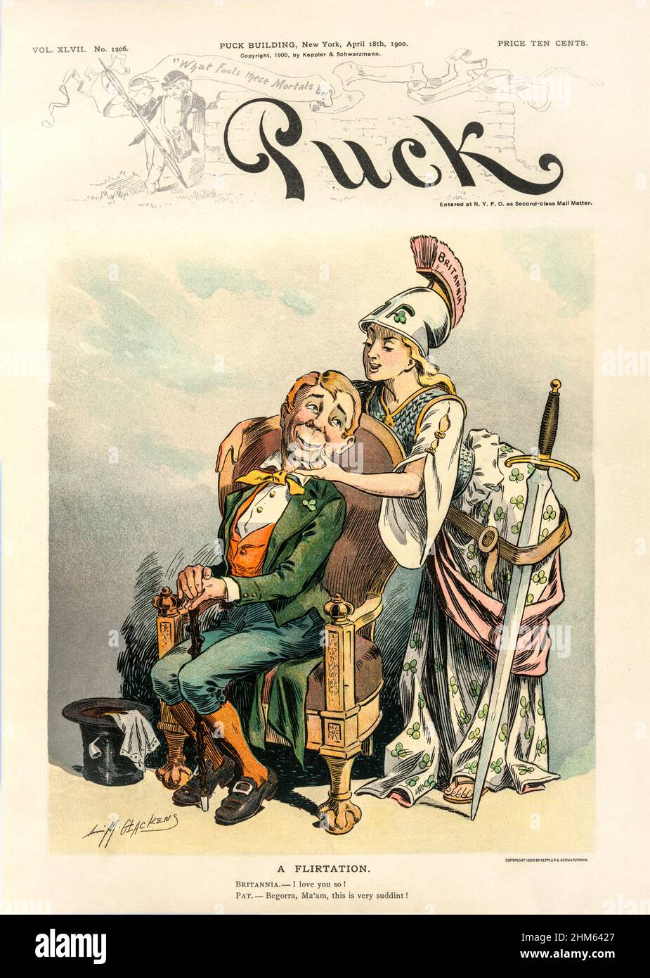 Ein Cover des American Puck Magazine aus dem frühen 20th. Jahrhundert mit einem Cartoon, in dem Britannia eine Robe trägt, die mit Kleeblättern, einem Panzerpanzer, einem Helm und einem großen Schwert an ihrer Seite geschmückt ist und einen Iren umwirbt, der auf einem Stuhl sitzt. Stockfoto