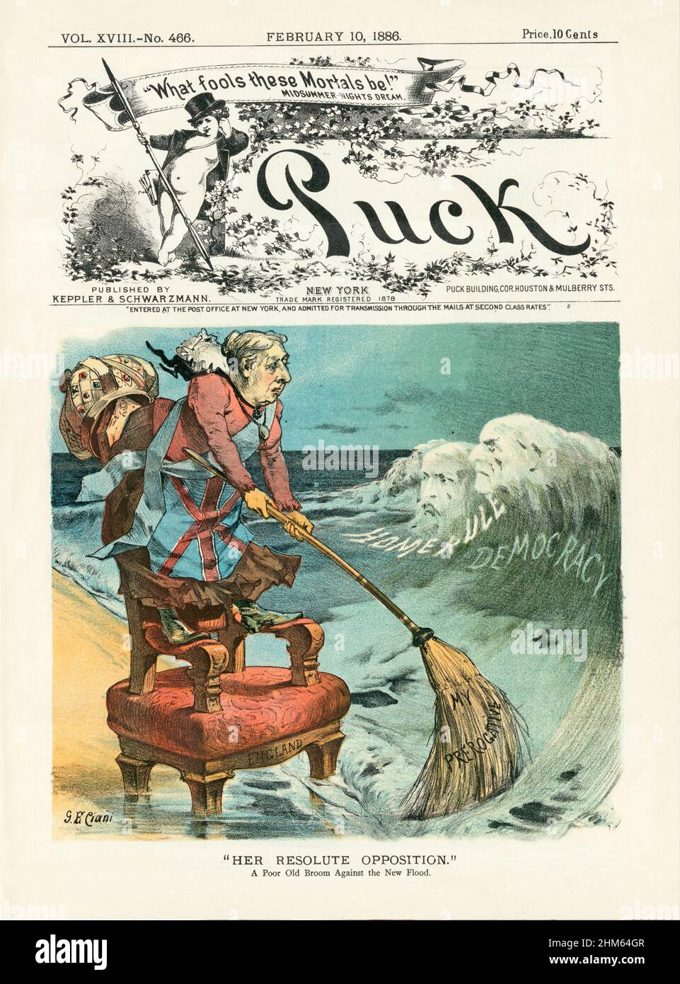 Ein Cover des American Puck Magazine aus dem späten 19th. Jahrhundert mit einer Karikatur von Königin Victoria, die auf ihrem Thron mit der Bezeichnung „England“ am Meeresufer steht. Sie hält einen Besen mit der Aufschrift „Mein Vorrecht“ und fegt gegen Meereswellen mit der Aufschrift „Home Rule“ und „Democracy“, die die Gesichter von Charles S. Parnell, William E. Gladstone und Robert Cecil Salisbury zeigen. Stockfoto
