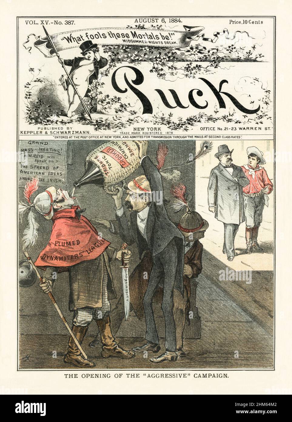 Ein Cover des American Puck Magazine aus dem späten 19th. Jahrhundert mit einem Cartoon von Whitelaw Reid, Zeitungsredakteur, im dunklen Schatten einer Straße. Er gießt Alkohol aus einem großen Krug mit der Aufschrift „Tribune Tonic Crooked Campaign Brand“ in den offenen Mund eines Iren, der einen plumed Hut, einen Umhang mit der Aufschrift „Plumed Dynamiters League“ trägt, und hält ein großes Messer mit der Aufschrift „Blind Animosity“ und einen Stock mit einer Bombe am Ende Stockfoto