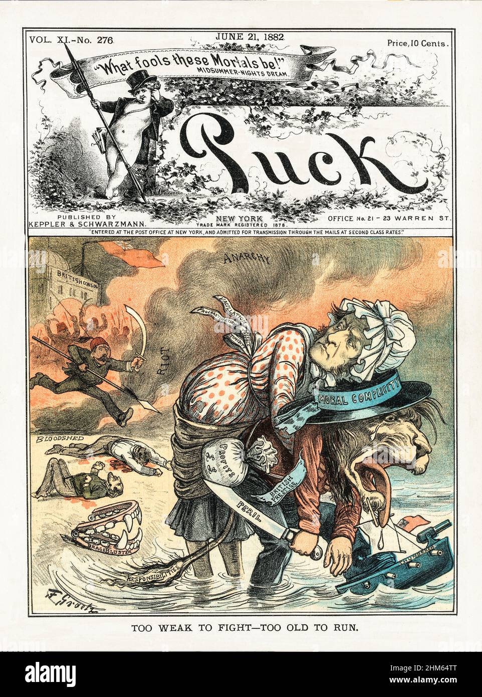 Ein Cover des American Puck Magazine aus dem späten 19th. Jahrhundert mit einem Cartoon des britischen Löwen, der auf ein Kanonenboot mit der Bezeichnung „Thunderer“ tritt, während er William E. Gladstone, als Frau gekleidet, auf dem Rücken trägt. Der Löwe wird als „moralische Komplizenschaft, britische Prestige, Gefahr, Gewinne und Verantwortung“ bezeichnet, Gladstones Kleid trägt die Aufschrift „Schwankung, Prokrastination, Irisches Ärger und Schüchternheit“. Am Ufer befindet sich eine Reihe von Kiefern, die mit der Aufschrift „Brag & Bluster“ beschriftet sind, als sie sich ins Meer begeben, nachdem sie den „britischen Konsul“ vor „Anarchie, Aufruhr und Blutvergießen“ verlassen haben. Stockfoto