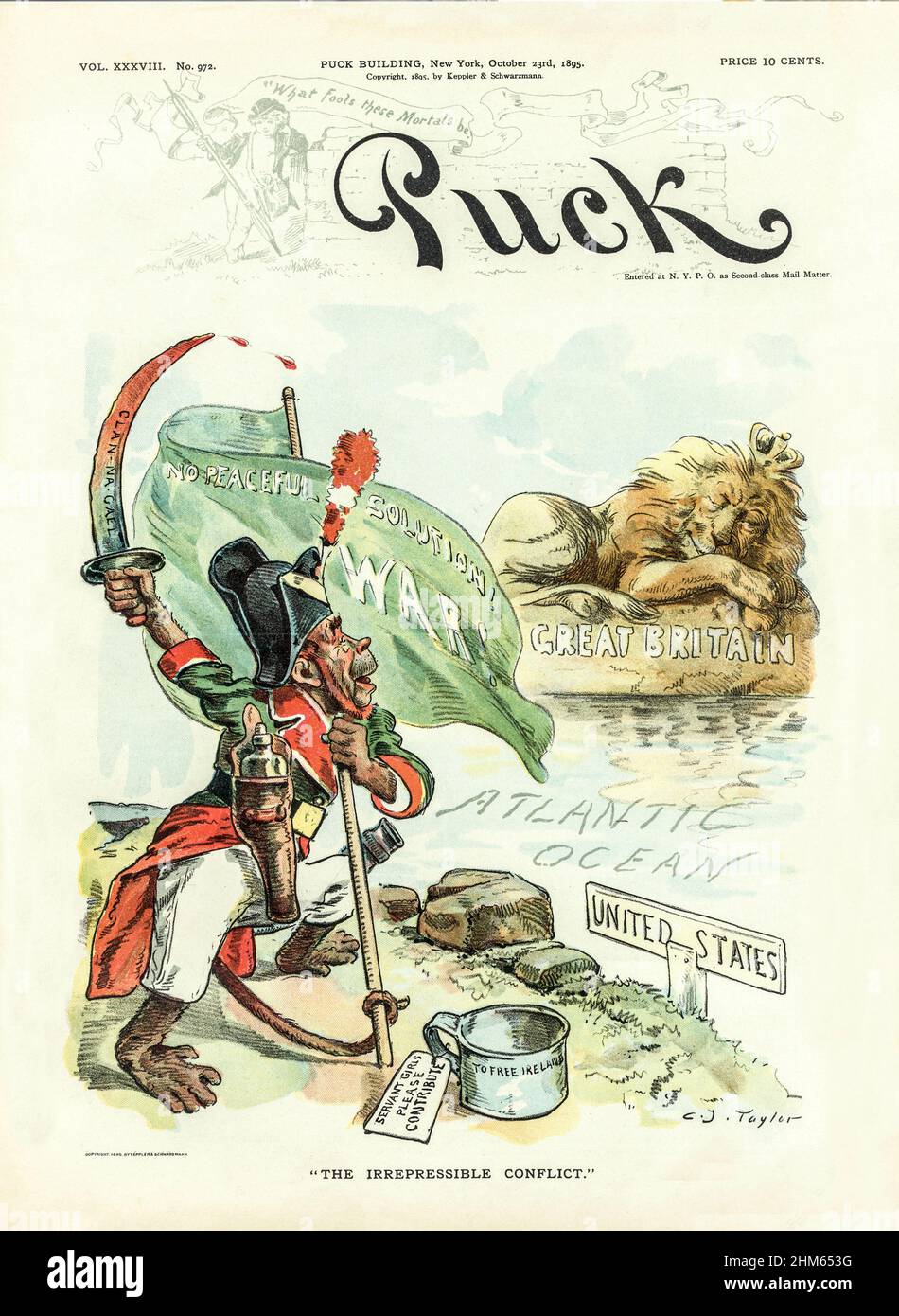 Ein Cover des American Puck Magazine aus dem späten 19th. Jahrhundert mit einem Cartoon eines Affen in Militäruniform, einem Schwert mit der Aufschrift „Clan-na-Gael“ und einer Flagge, die besagt: „Keine friedliche Lösung! War!“. Sie steht auf dem Boden mit der Aufschrift „USA“, während sie über den „Atlantik“ blickt auf einen Löwen, der auf dem Boden mit der Aufschrift „Großbritannien“ döst. Zu den Füßen des Affen befindet sich eine Tasse mit der Aufschrift „To Free Ireland“, auf der „Servant Girls Please Contribute“ steht. Stockfoto