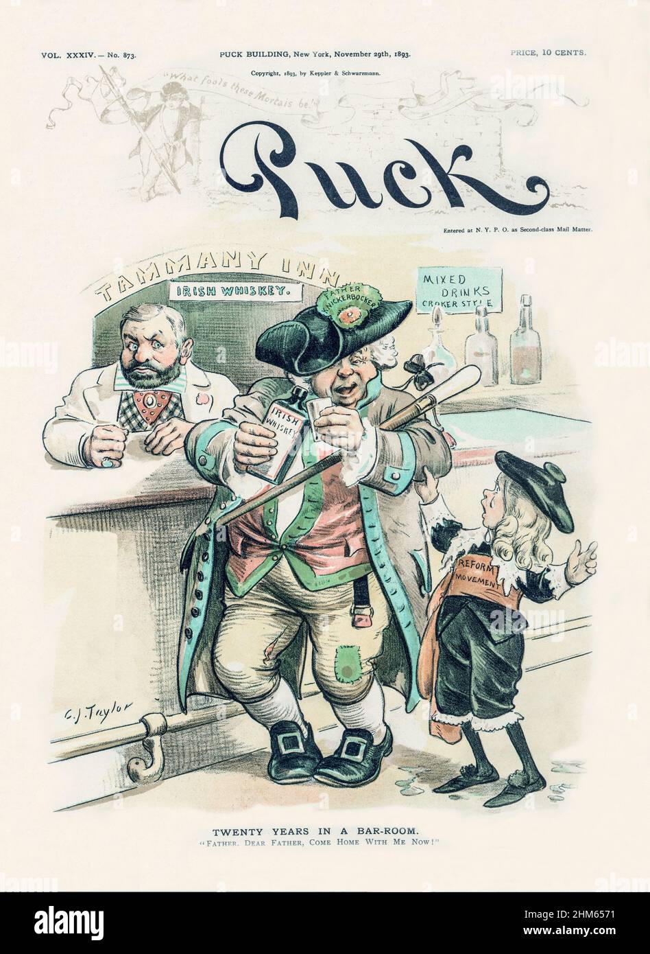 Ein Cover des American Puck Magazine aus dem späten 19th. Jahrhundert mit einem Cartoon von „Father Knickerbocker“, der an einer Bar im „Tammany Inn“ steht und „Irish Whiskey“ trinkt, wobei Richard Croker als Barkeeper hinter der Bar steht und „Mixed Drinks Croker Style“ anbietet. Währenddessen hat ein weinender Junge mit der Bezeichnung „Reformbewegung“ den Arm von Pater Knickerbocker in der Hand und versucht, ihn dazu zu bringen, die Bar zu verlassen und nach Hause zu kommen. Stockfoto