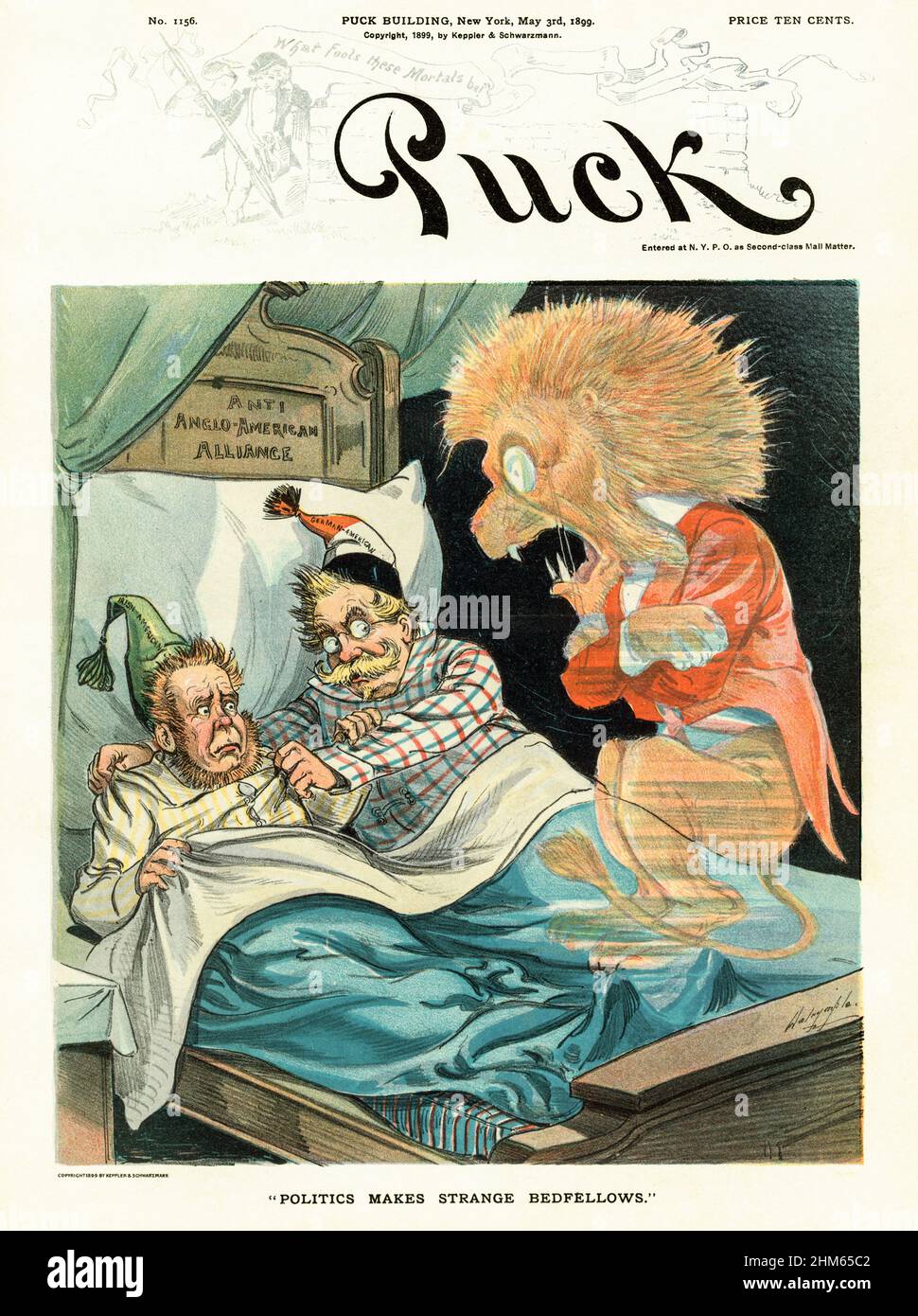 Ein Cover des American Puck Magazine aus dem späten 19th. Jahrhundert mit einem Cartoon des Geistes des britischen Löwen, der mit Angst darauf reagierte, in einem Bett mit der Aufschrift „Anti-Anglo-American Alliance“ einen „Irisch-Amerikaner“ und einen „Deutsch-Amerikaner“ zu finden. Stockfoto