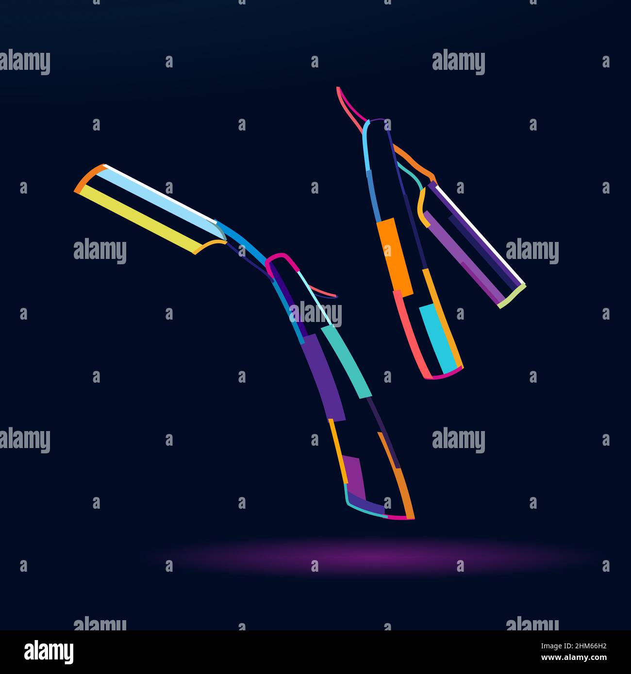 Abstrakter Vintage Barber Metallrasierer mit scharfer Klinge, gerade Rasierklinge aus bunten Farben. Farbige Zeichnung. Vektordarstellung von Farben Stock Vektor