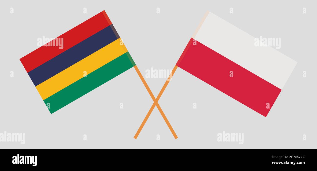 Gekreuzte und winkende Flaggen von Mauritius und Polen. Vektorgrafik Stock Vektor