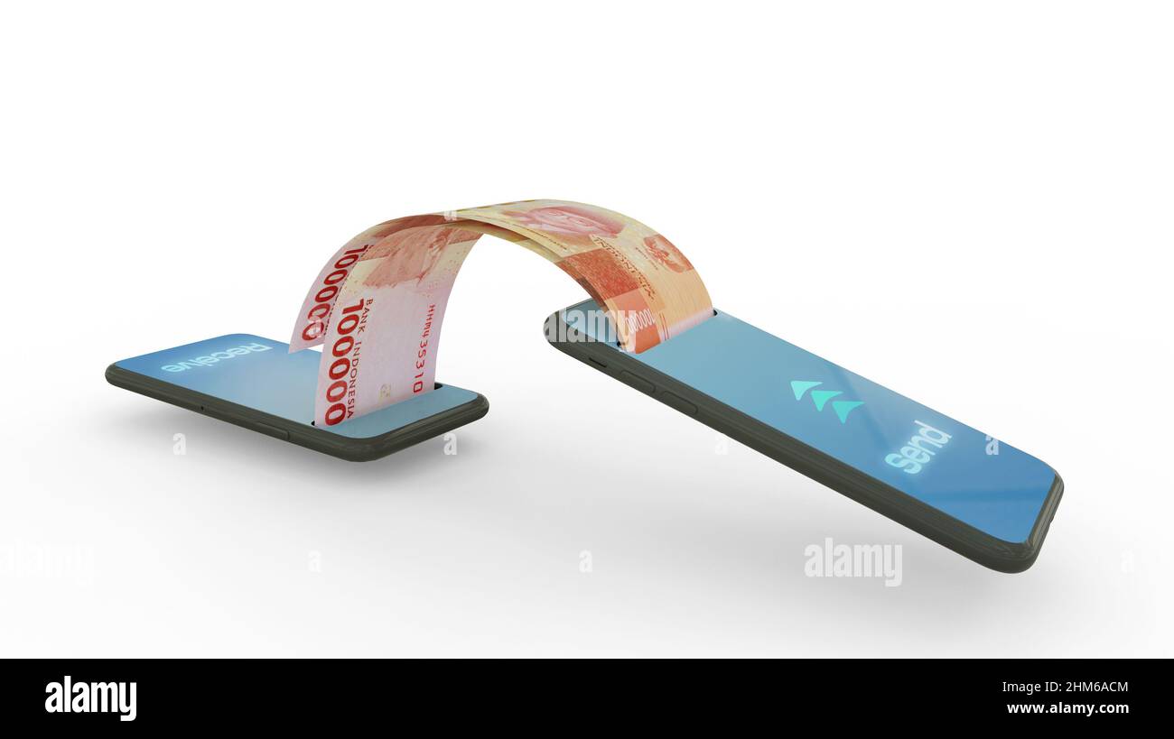 3D Wiedergabe von indonesischen Rupiah-Notizen, die von einem Telefon zum anderen übertragen werden. Mobile Money Transaction Concept Stockfoto