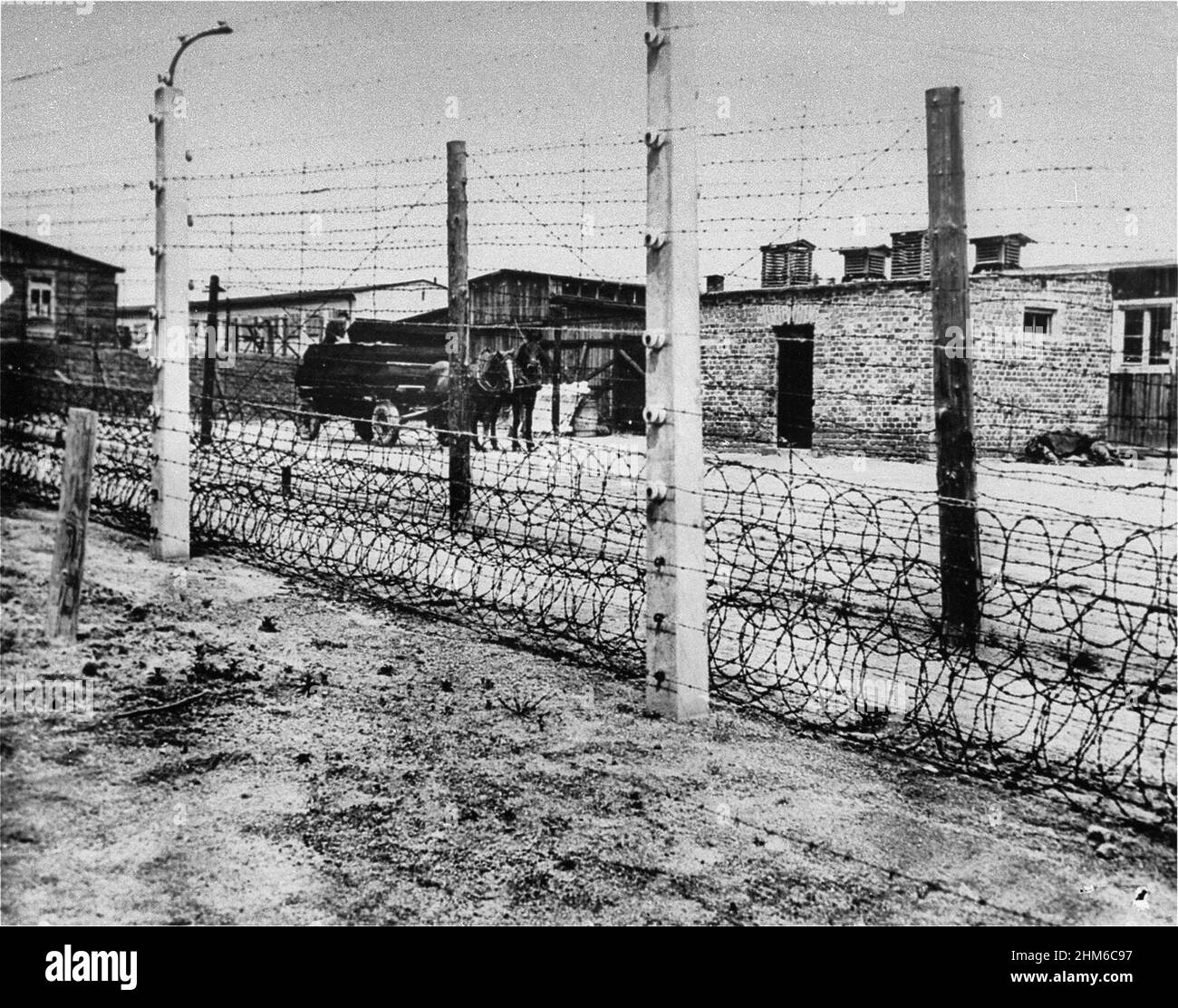 Zaun im Konzentrationslager Flossenburg, Mai 1945 Stockfoto