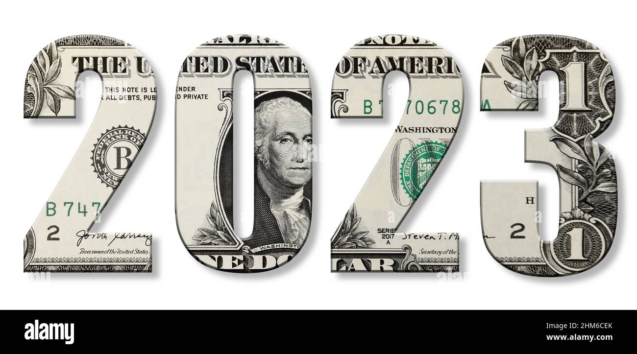 Jahr 2023 mit der Textur von Dollar, American Money, Business Concept Stockfoto