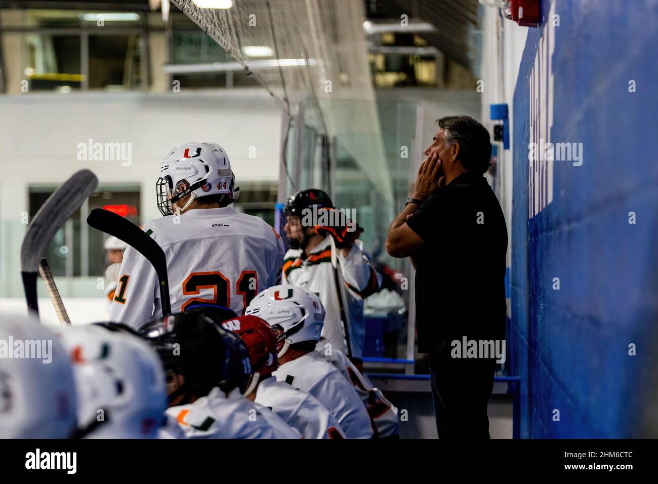 Miami Ice Hockey Team, Coach beim Hockey-Spiel zwischen FAU Owls und Miami Hurricanes in der Kendall Ice Arena, Florida USA Stockfoto