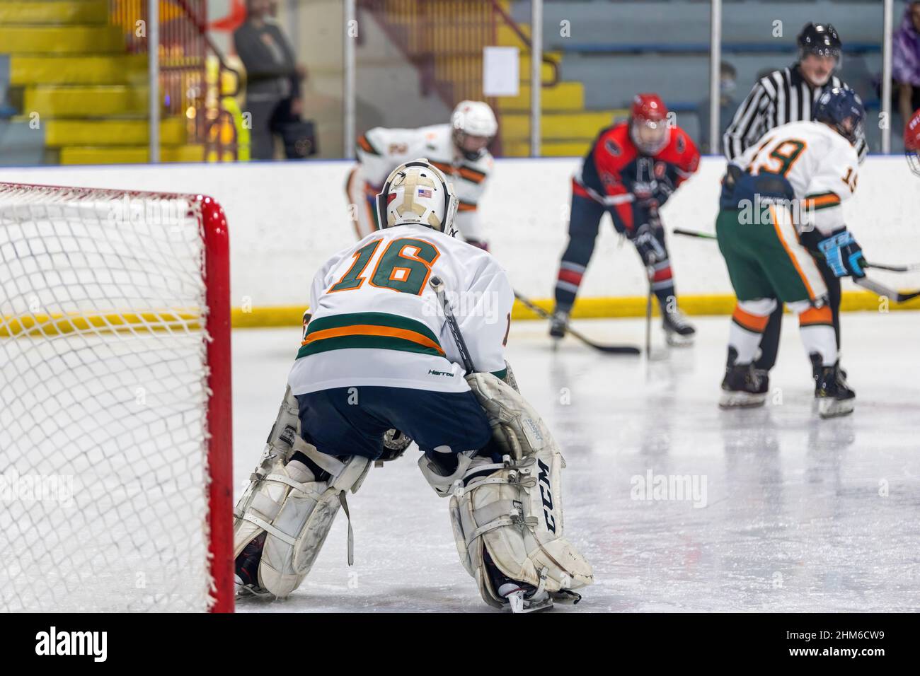 16MG Robert Westwater beim Eishockeyspiel zwischen FAU Owls und Miami Hurricanes in der Kendall Ice Arena, Florida USA Stockfoto