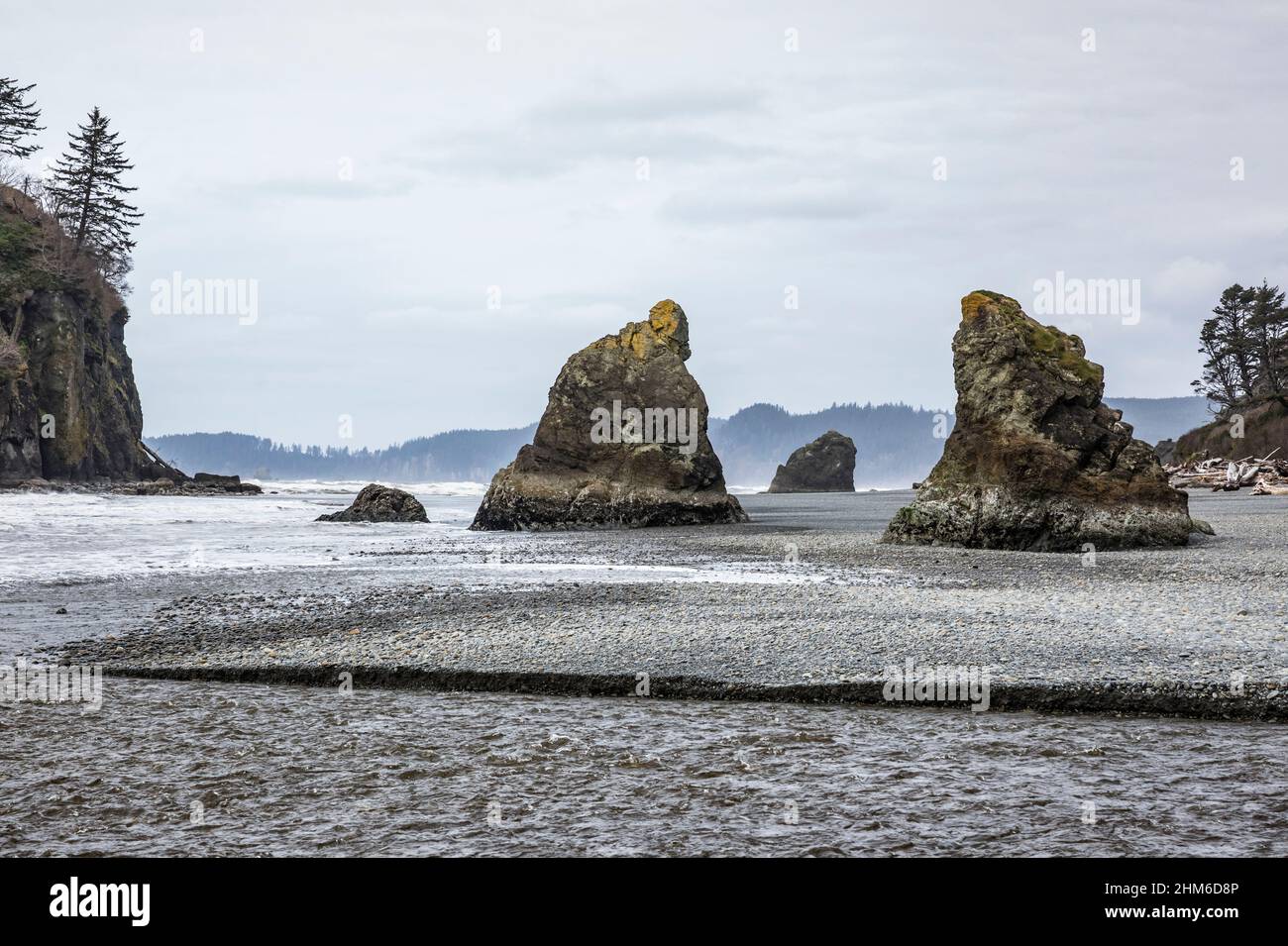 Sea Stack am Ruby Beach an der malerischen Olympic Coast des US-Bundesstaates Washington. Stockfoto