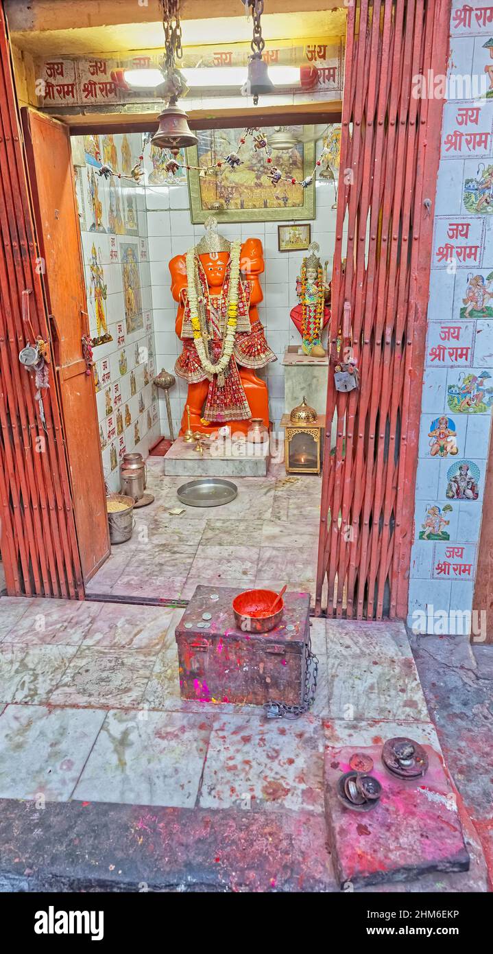 Lord Hanuman Altar mit Ikonen in Jaipur Indien Stockfoto